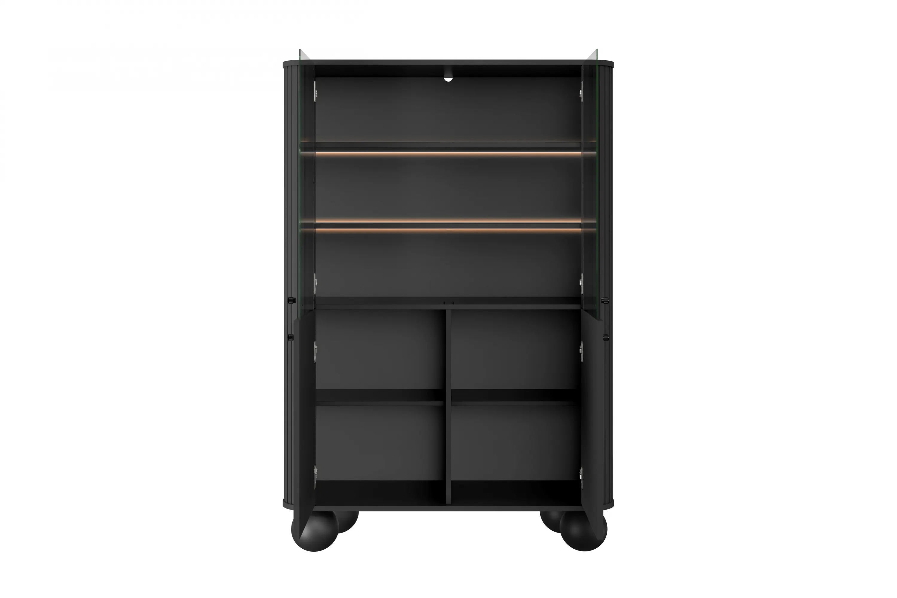 Witryna 4-drzwiowa z oświetleniem VESPER 103 ryflowany front czarna czarne uchwyty nogi kule - B_167230