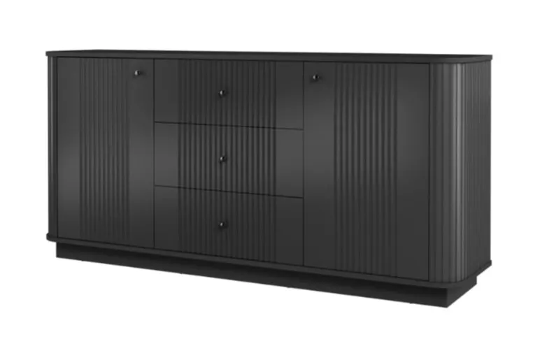 Komoda 2-drzwiowa z 3 szufladami VESPER 160 ryflowany front - czarny czarne uchwyty cokół