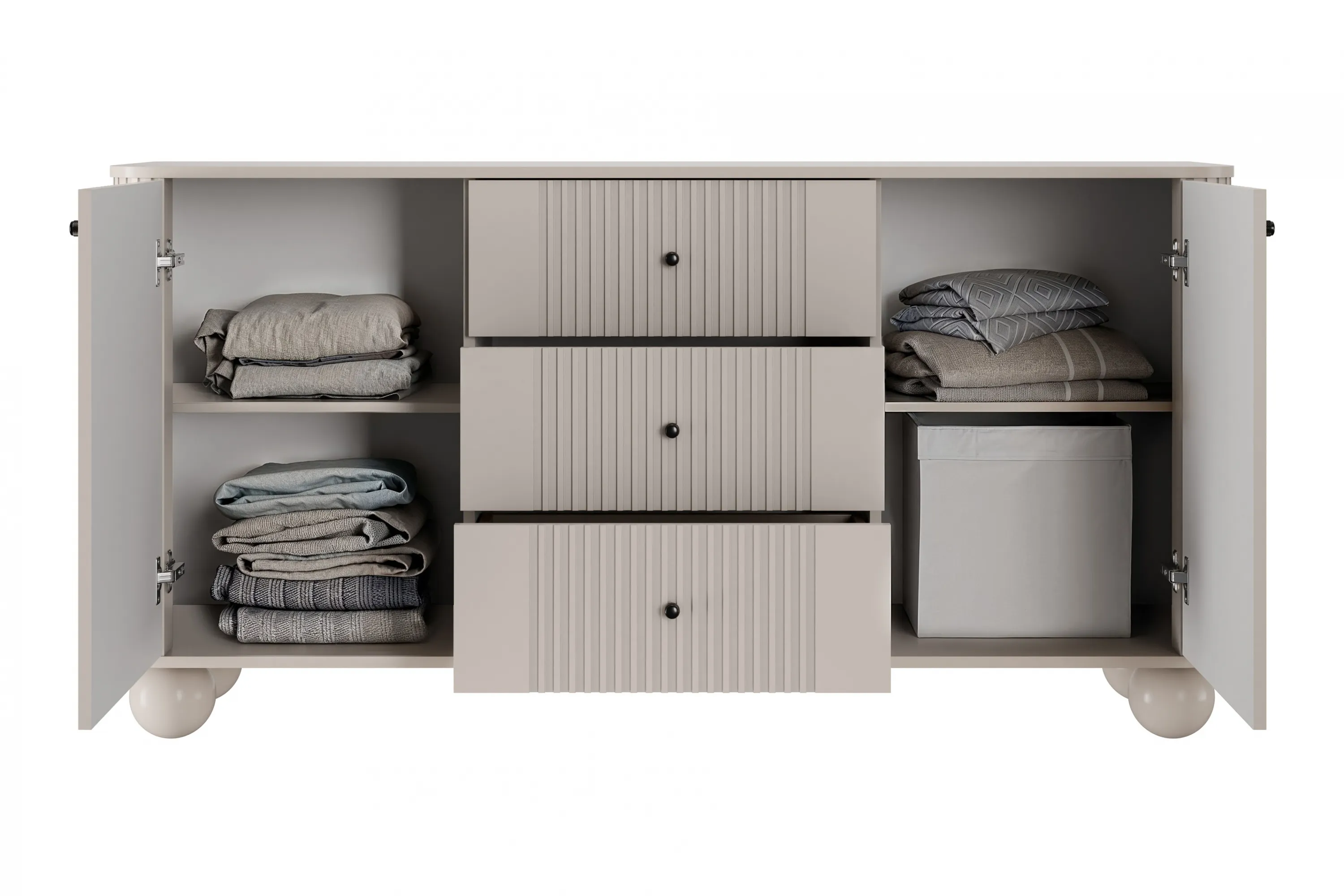 Komoda 2-drzwiowa z 3 szufladami VESPER 160 ryflowany front cashmere czarne uchwyty nogi kule - B_163602