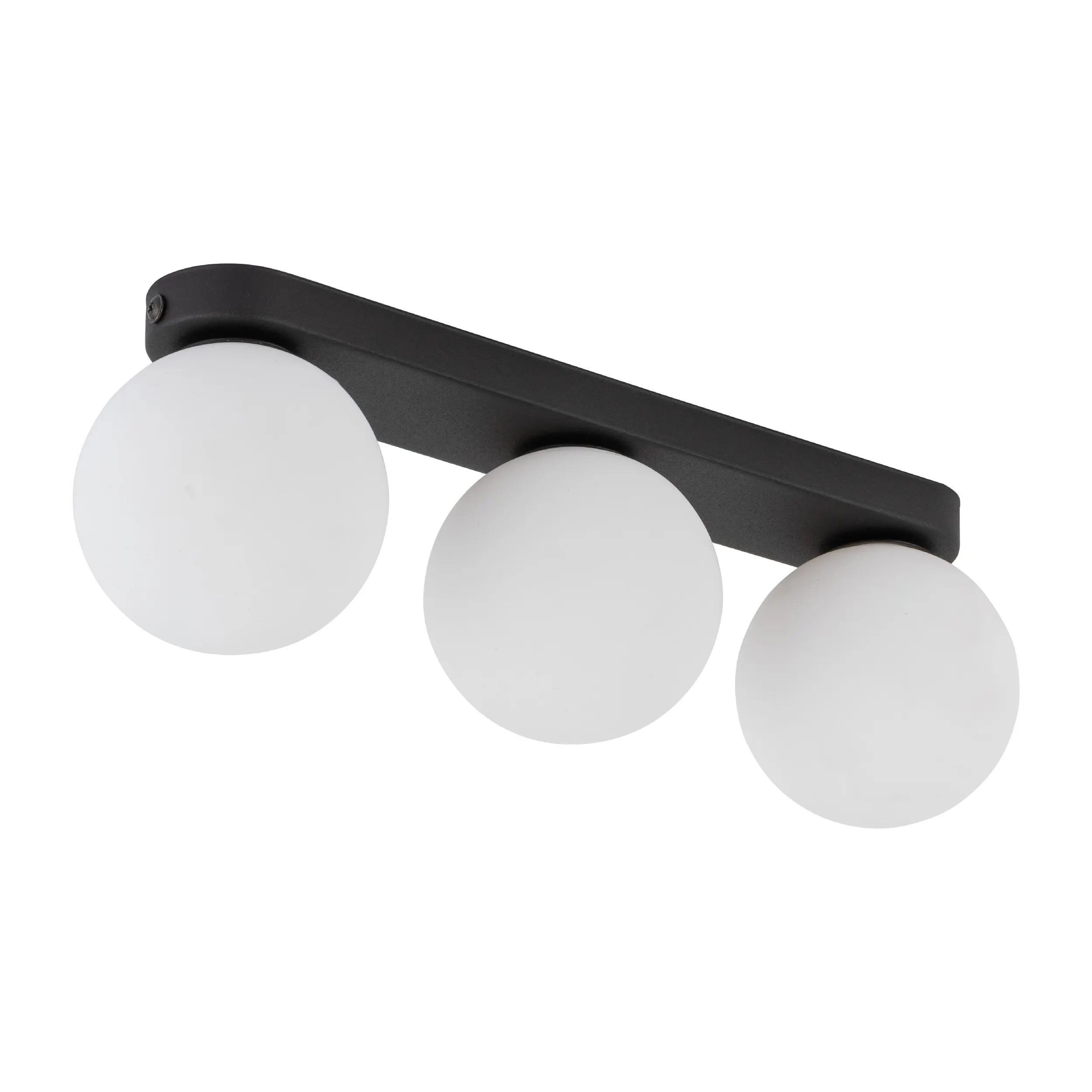 Lampa sufitowa MINI czarna na metalowej listwie z trzema białymi okrągłymi szklanymi kloszami 37x12x10cm