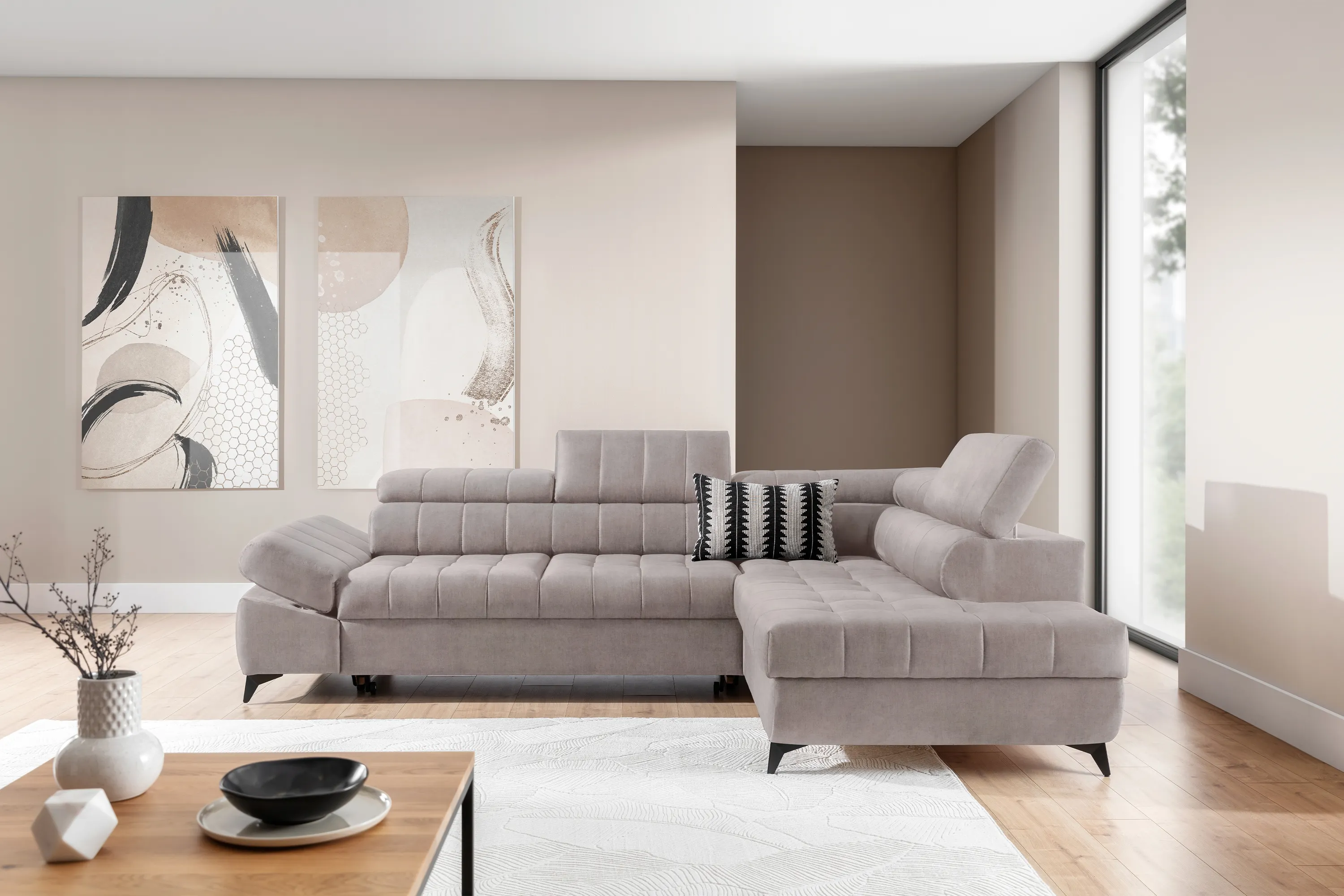 Narożnik prawostronny VALORIS L regulowane zagłówki i podłokietniki tkanina Maya 01 beżowy - B_162433