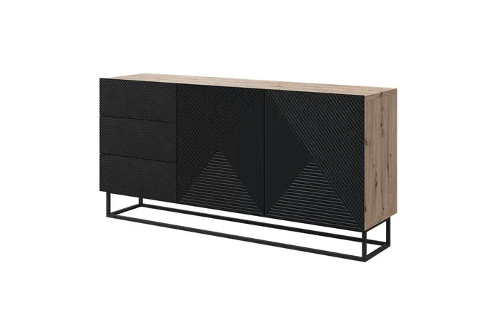 Komoda 2-drzwiowa z 3 szufladami ASHA 167 - czarny mat - dąb artisan - czarny stelaż - ryflowany front