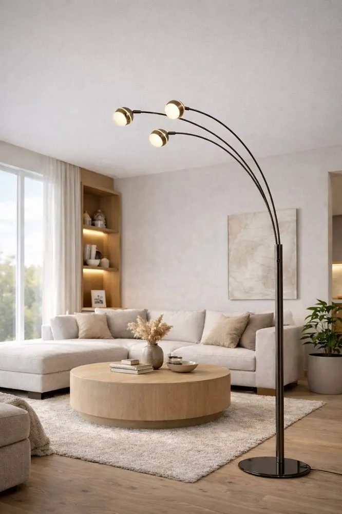 image lampa stojąca, lampka podłogowa, kolor czarny, design loftowy, salon