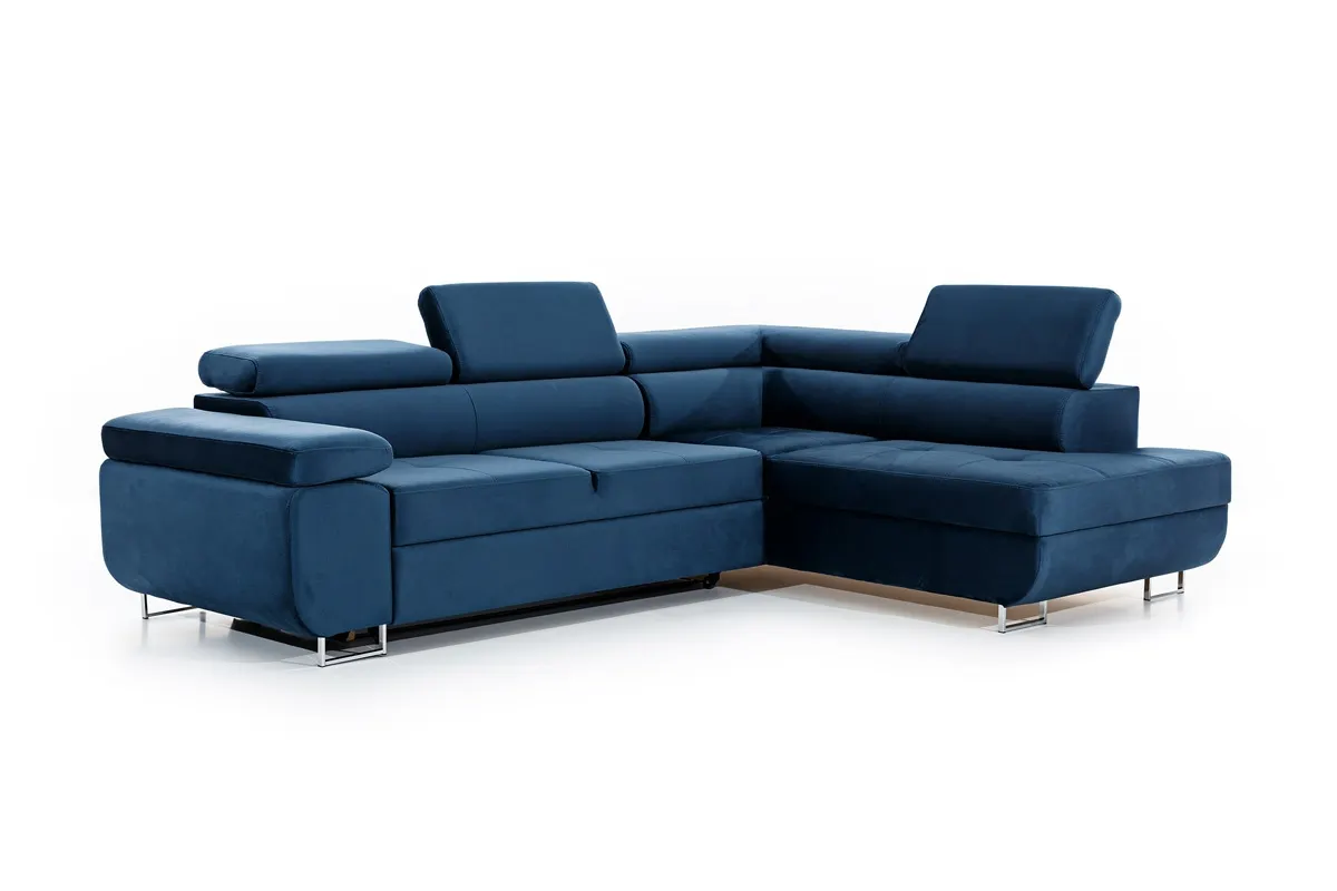 Narożnik prawostronny ANNABELLE L regulowane zagłówki srebrne nogi Monolith 77 granatowy Kanapa, Meble