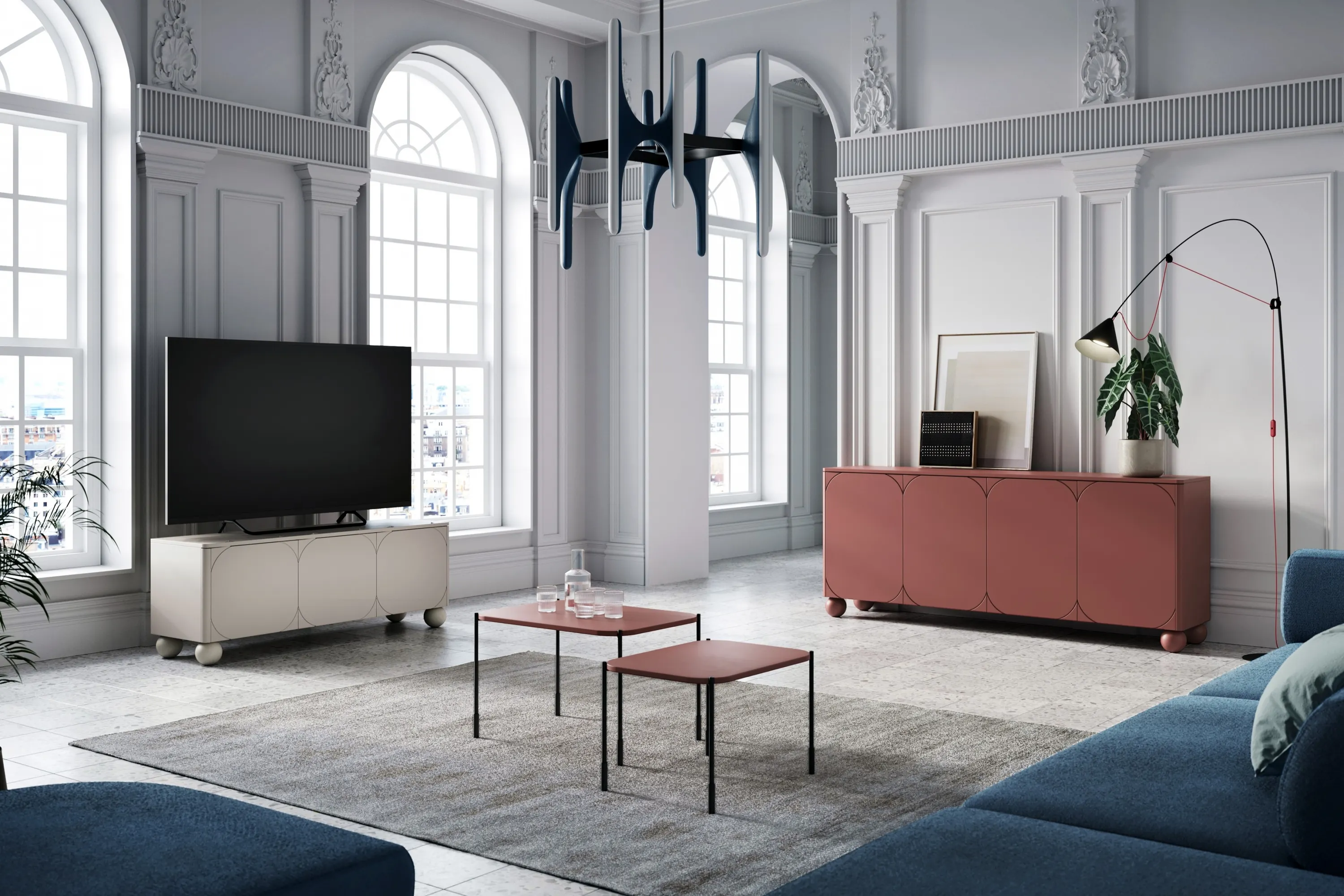 Szafka RTV 3-drzwiowa z 1 szufladą SONATIA 150cm cashmere nogi kule — zdjęcie 7