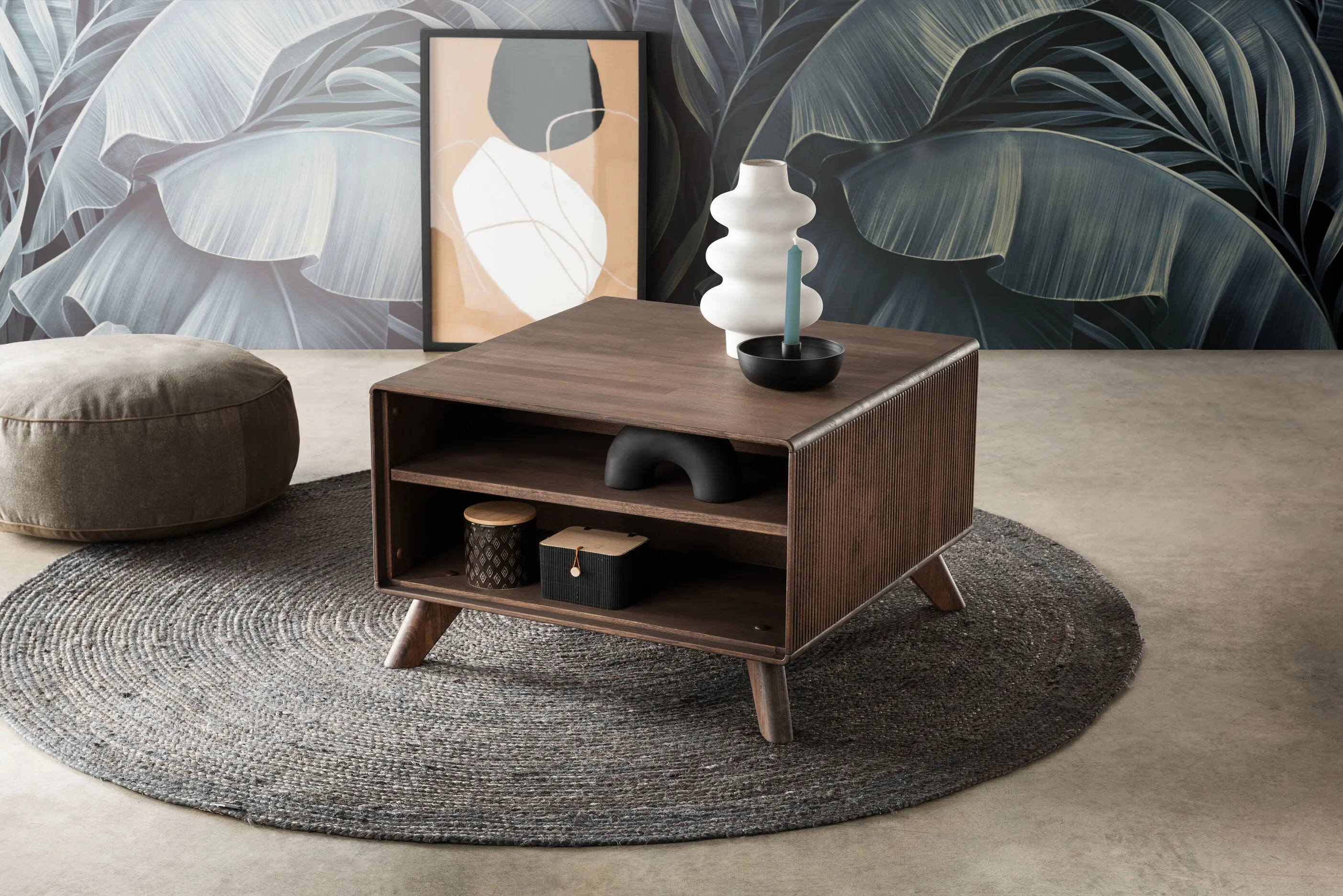 Stolik drewniany ryflowany BLISS 70x70 z półką - GK_103624120102