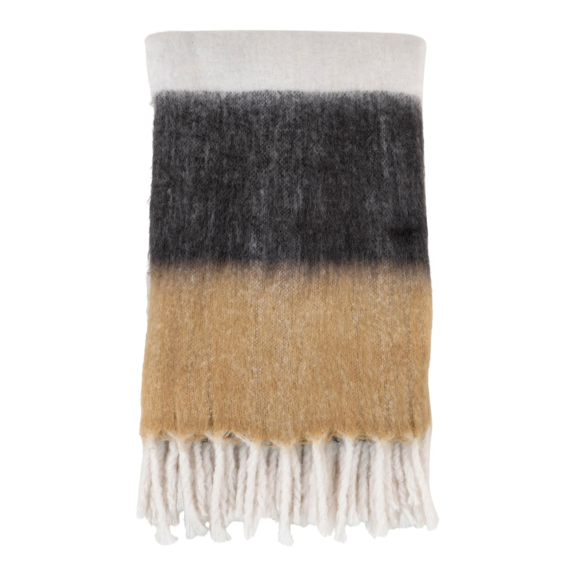 Koc z frędzlami w pasy SINTRA 130x170 cm biały brązowy czarny Koc z frędzlami w pasy SINTRA 130x170 cm biały brązowy czarny