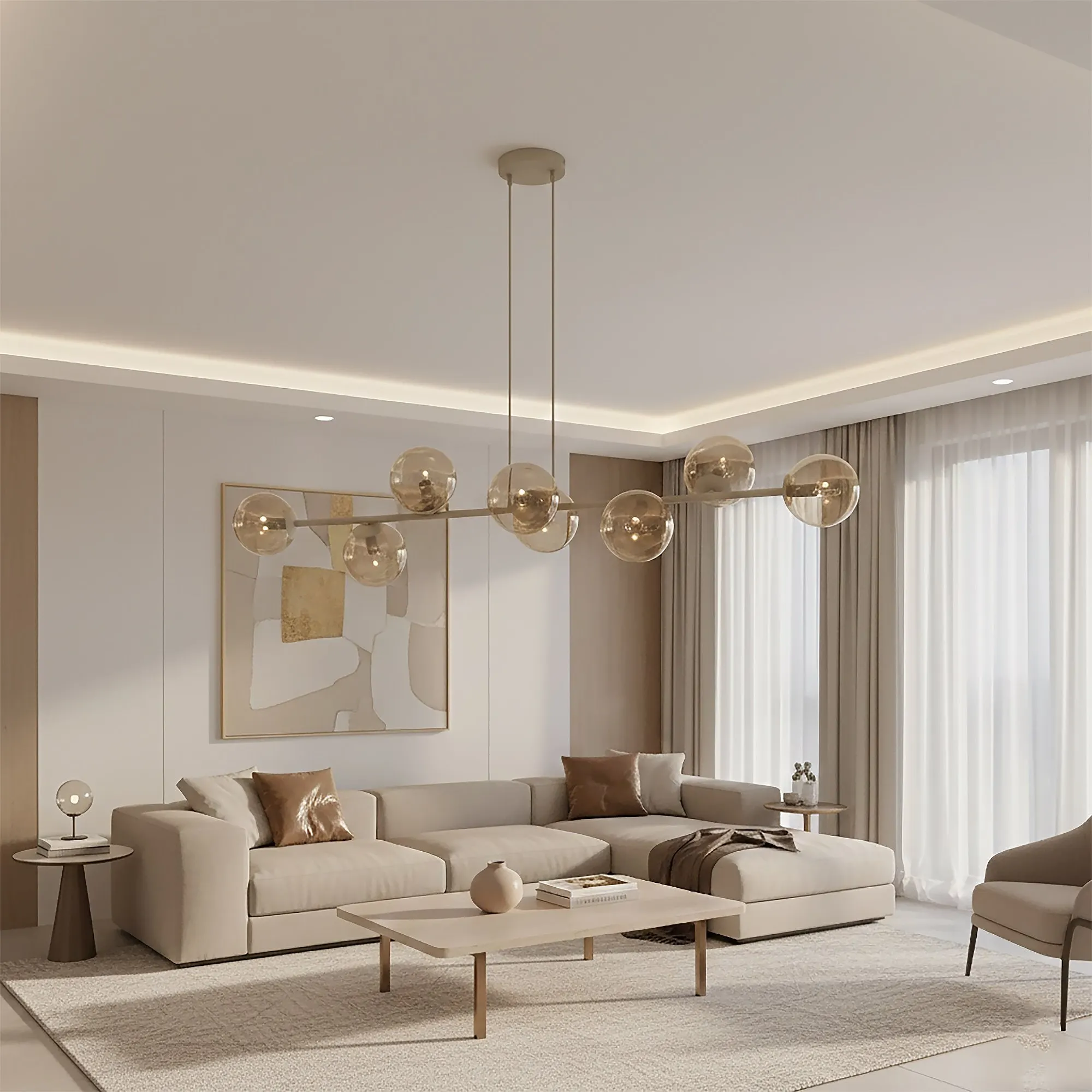 image sofa, living room, coffee table, chandelier, curtains