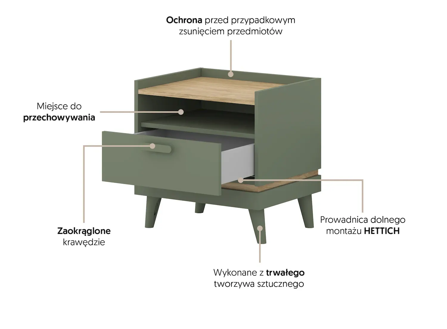 Szafka nocna z 1 szufladą SCAND 22 zielony-dąb olejowany - 24GDOH22