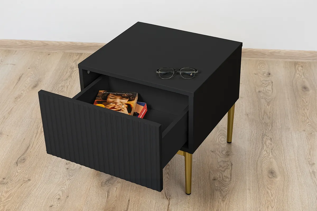 Szafka nocna z szufladą ( zestaw 2 szt. ) NICOLE 46 1SZ - czarny mat, złoty stelaż - B_52524