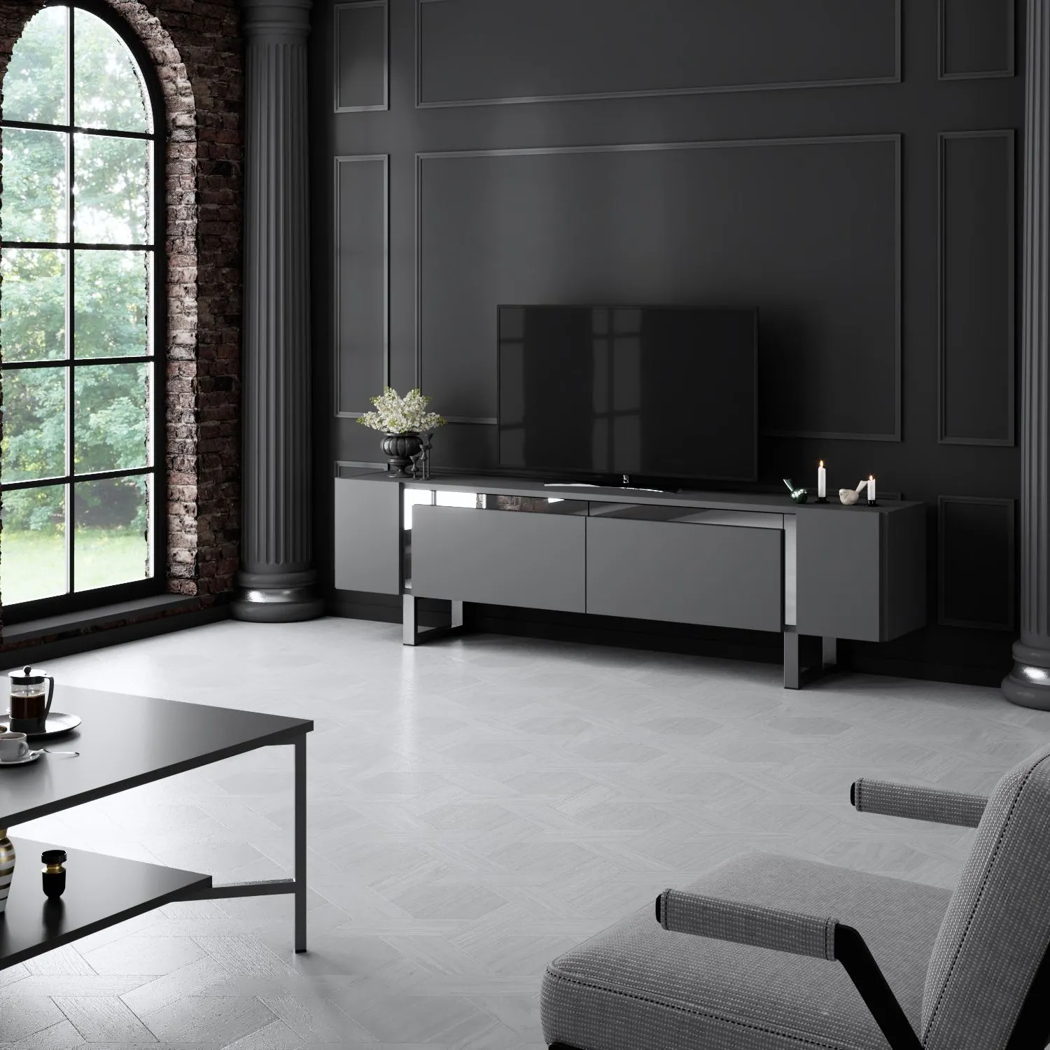 Szafka RTV z 2 klapami YILDIZ 180x30x50 cm antracyt srebrny - ASI_618BLY1272