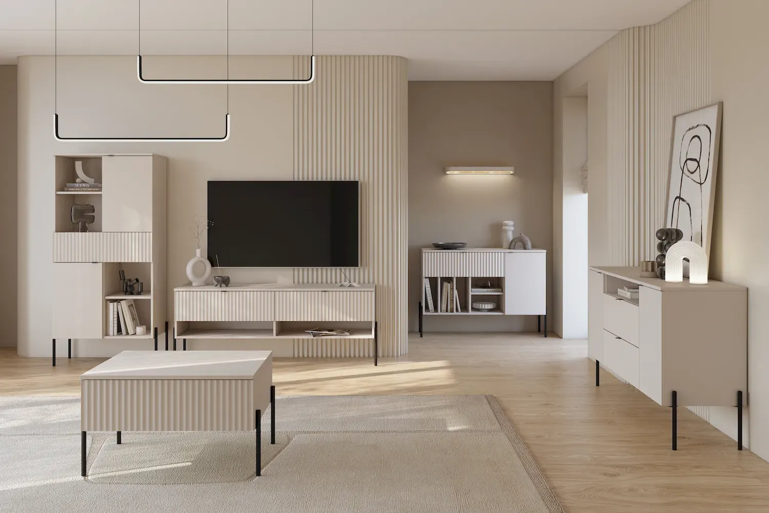 Stolik kawowy z szufladą ORE 61x70 cm ryflowany front kaszmir czarne nóżki - 24KROG98