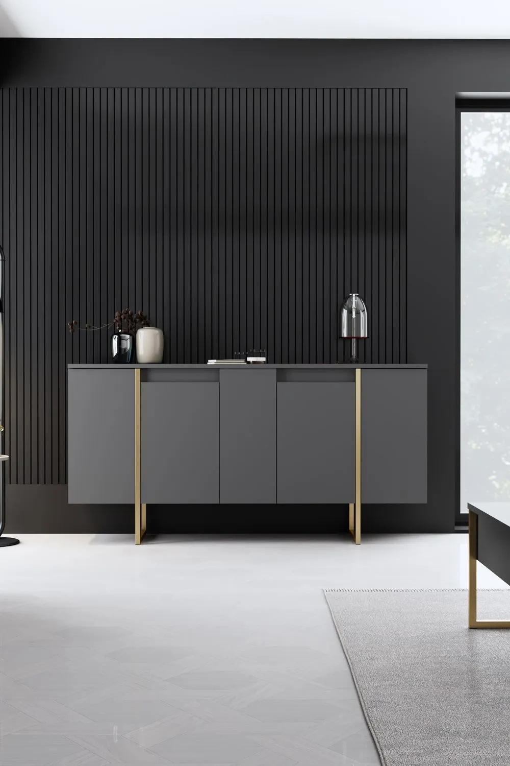 Komoda 4-drzwiowa LUXE 160 cm antracytowa złoty stelaż — zdjęcie 6