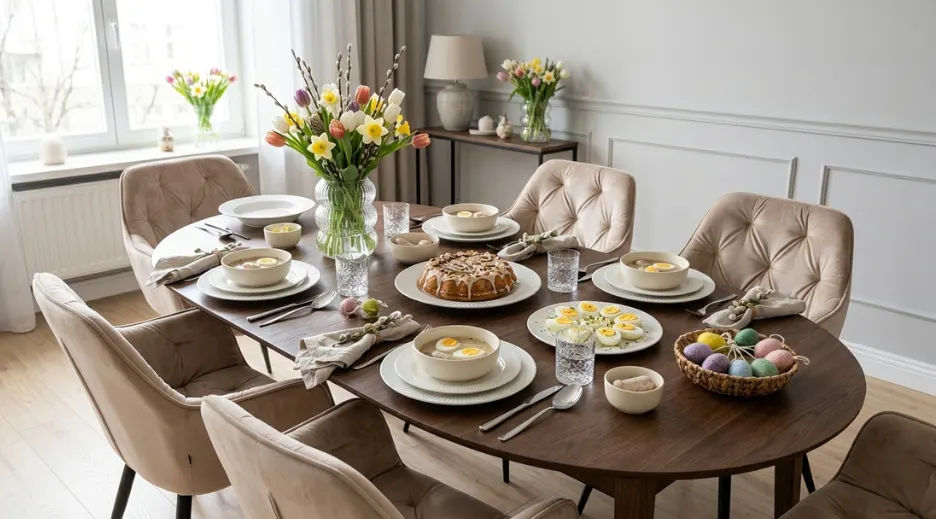 stół, zestaw obiadowy, kieliszki, kwiaty, babeczki