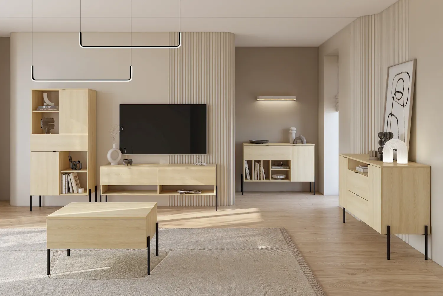 Komoda 2-drzwiowa z 2 szufladami i wnęką ORE 140 cm dąb lindberg czarne nóżki - 24LGOG26