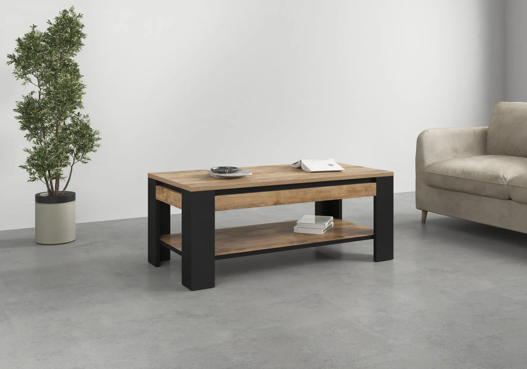 Stolik kawowy z półką TUDOR 60x120 - dąb samdal, czarny - 24WSNZ99