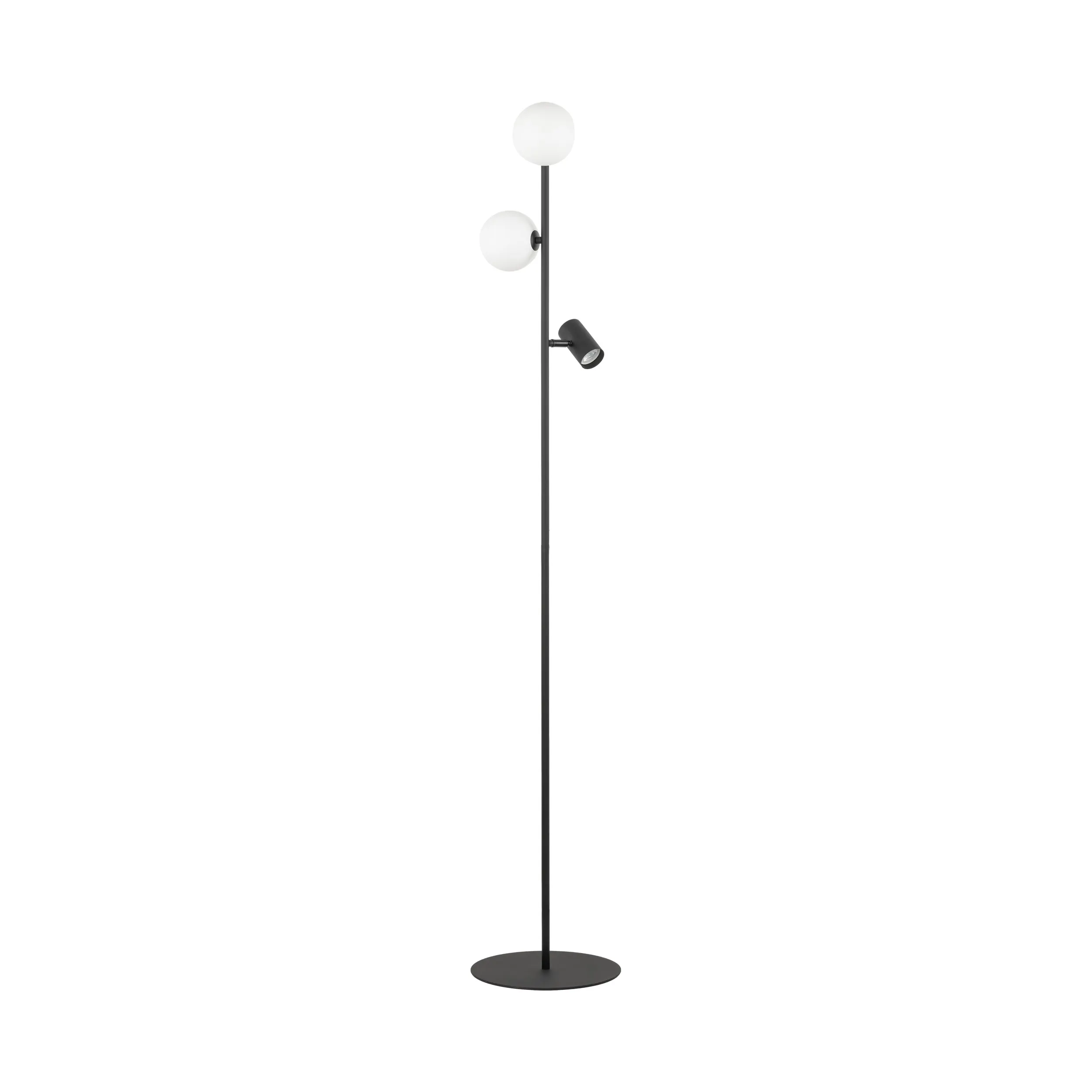 Lampa podłogowa VOX czarna z dwoma białymi okrągłymi szklanymi kloszami i lampką regulowaną do czytania z włącznikiem 172x30cm