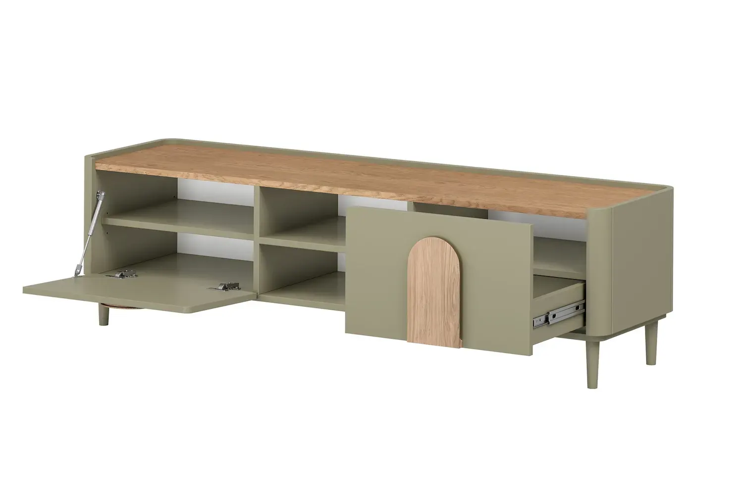 Szafka RTV z klapą i szufladą AMILIO 170 - eukaliptus dąb baltic dune /chwyty dąb naturalny nogi eukaliptus - B_169230