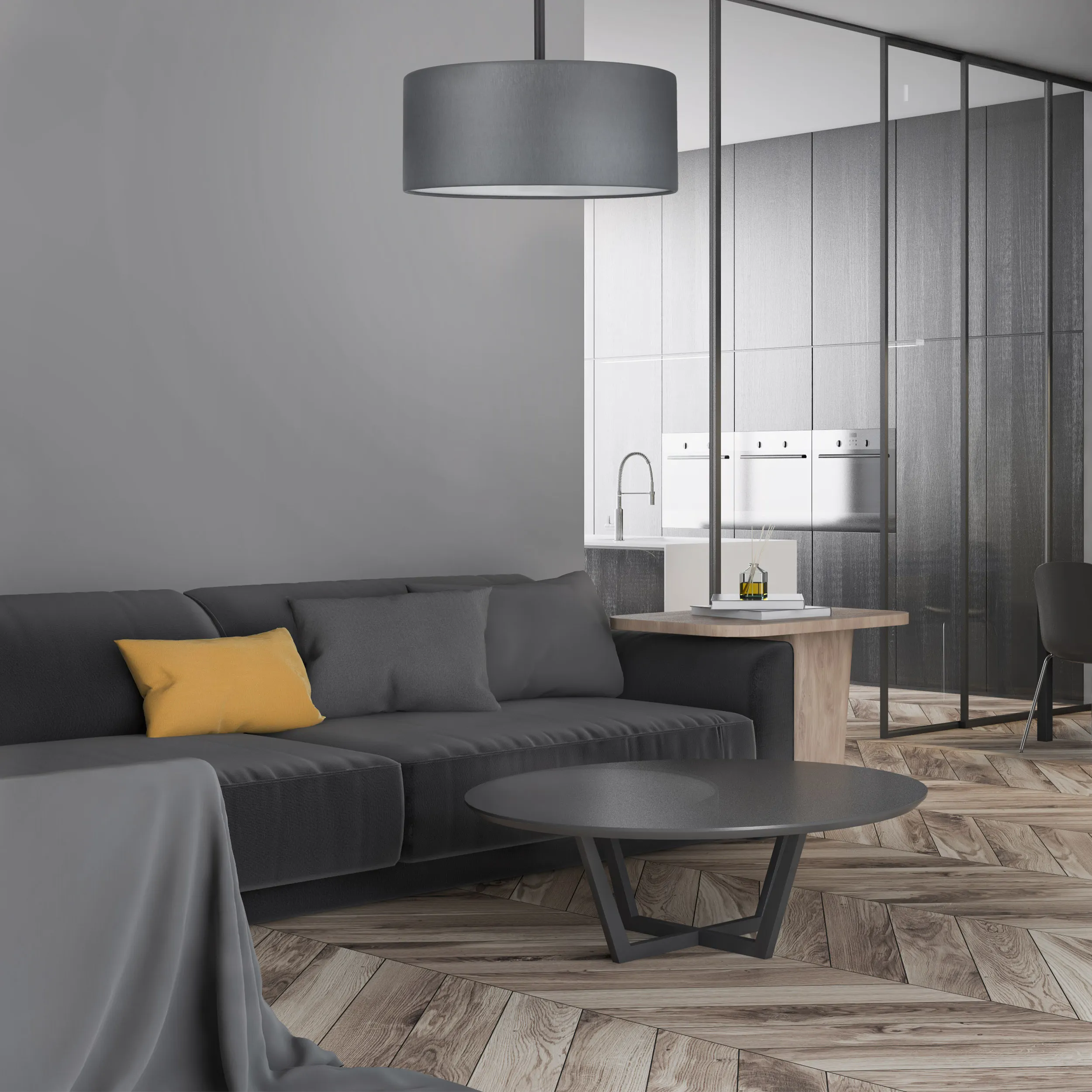 Lampa sufitowa RONDO czarna z szarym białym kloszem z tkaniny okrągła 40x35cm - TK_4240