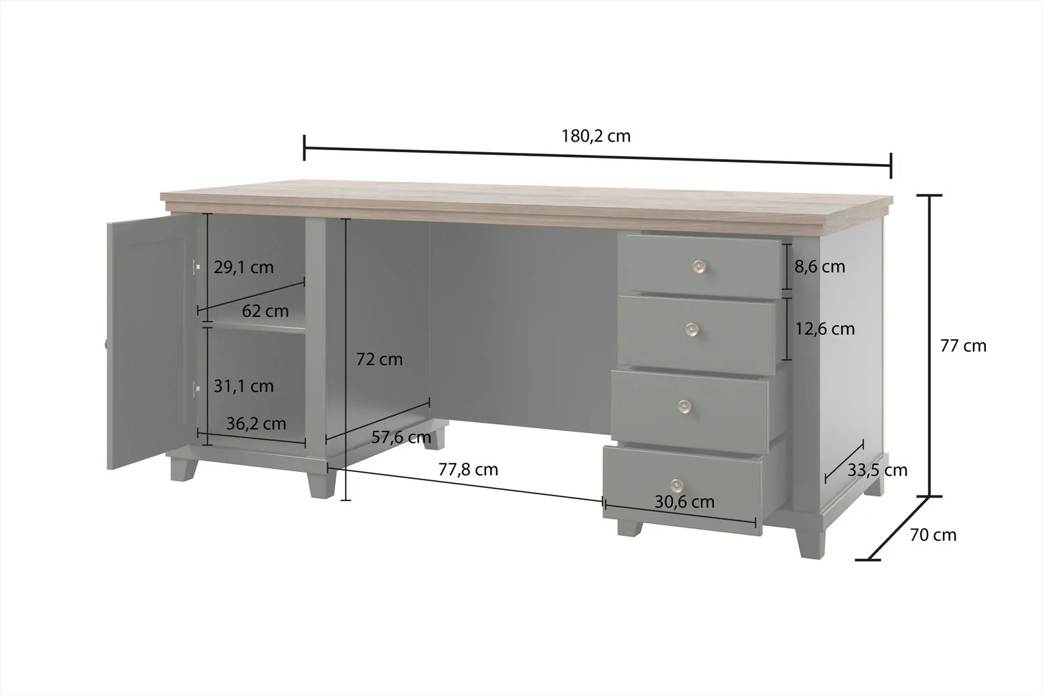Biurko z szafką i szufladami EVORA 180x70 ciemnozielone/dąb Lefkas - 24ZRJU07