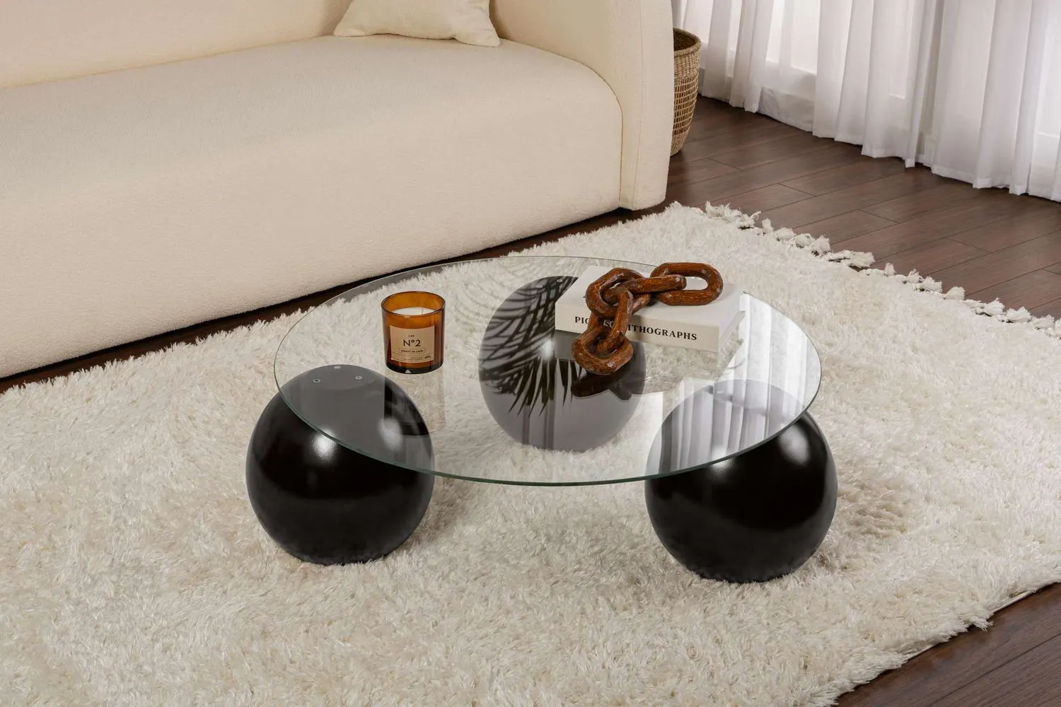 Stolik kawowy szklany okrągły MIRO 85 cm kuliste czarne nogi blat transparentny - ASI_857NRD1113