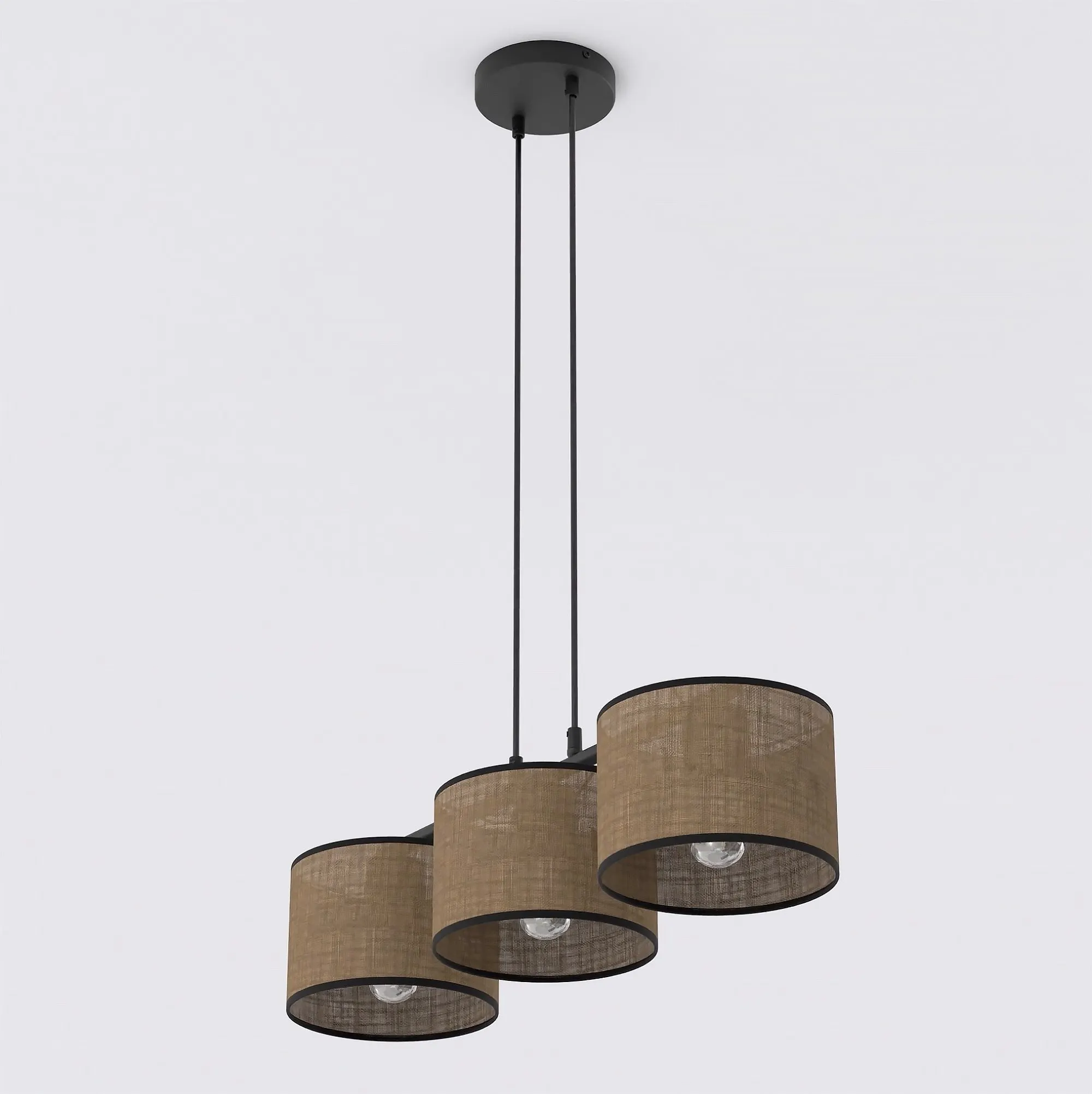 lampa wisząca, trzy abażury, bawełniany materiał, kolor beżowy, krokowy design