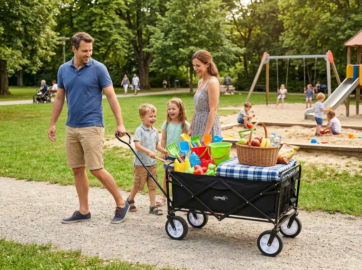 plac zabaw, przyczepka piknikowa, zabawki ogrodowe, kosz na jedzenie, dzieci w parku