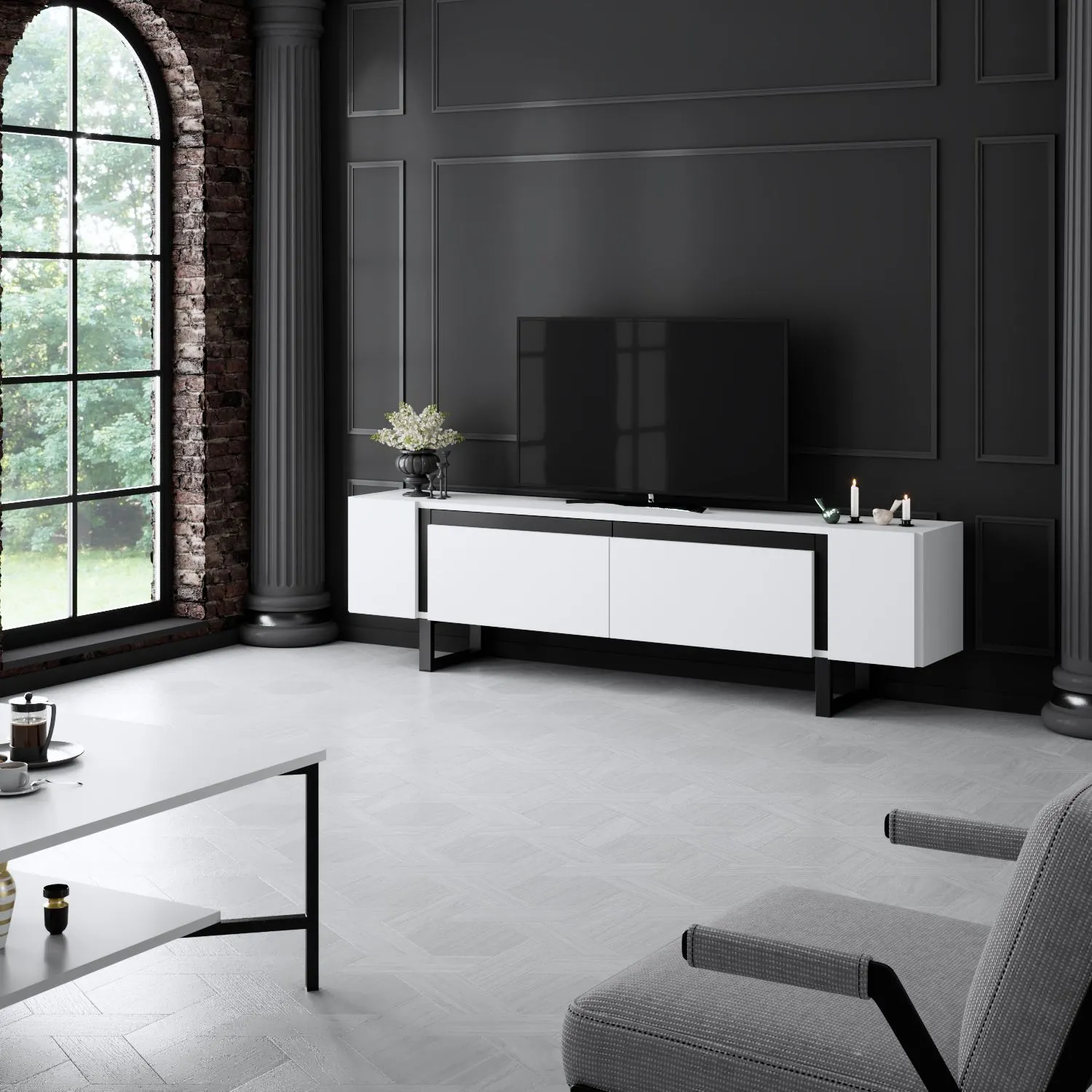 Szafka RTV z 2 klapami YILDIZ 180x30x50 cm biały czarny - ASI_618BLY1276