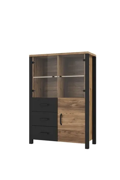 Witryna szklana z szufladami OLIN 44 3-drzwiowa 146x101 czarna appenzeller fichte