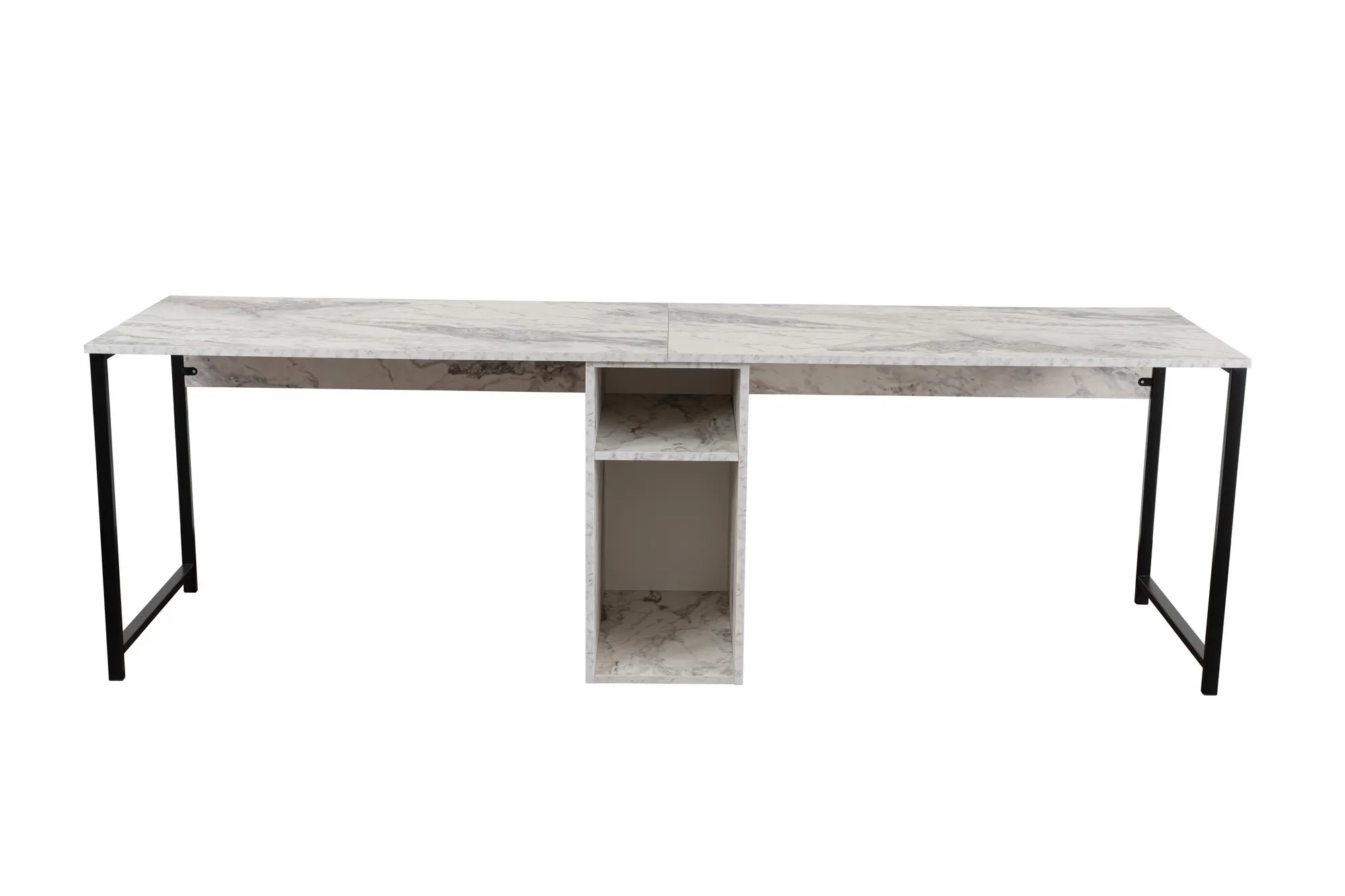 Biurko 2-osobowe z półkami TWIN 240x60 biały efekt marmuru/czarne nogi - ASI_241NRD1106