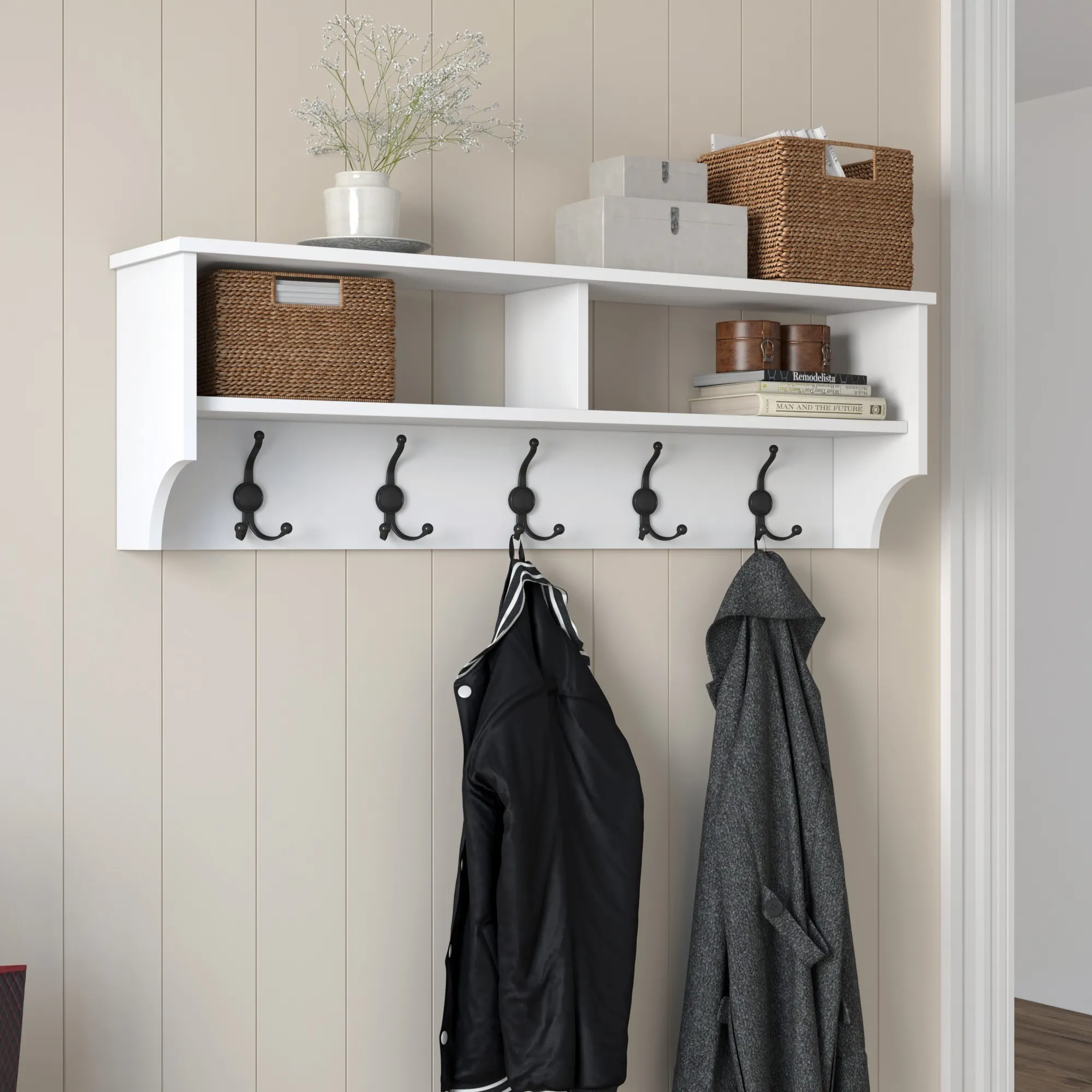 hallway, coat rack, hooks, shelf, storage