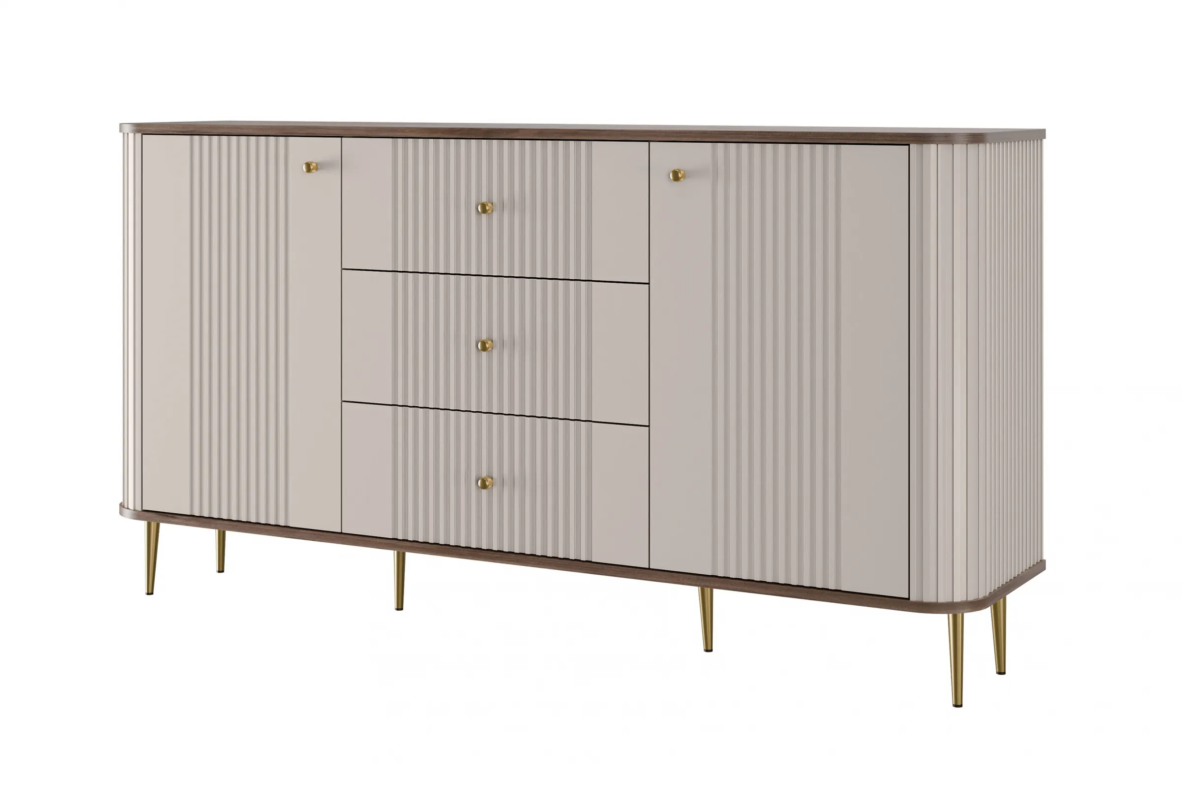 Komoda 2-drzwiowa z 3 szufladami VESPER 160 ryflowany front cashmere orzech złote nogi Meble, Kredens, Szafka, Komoda