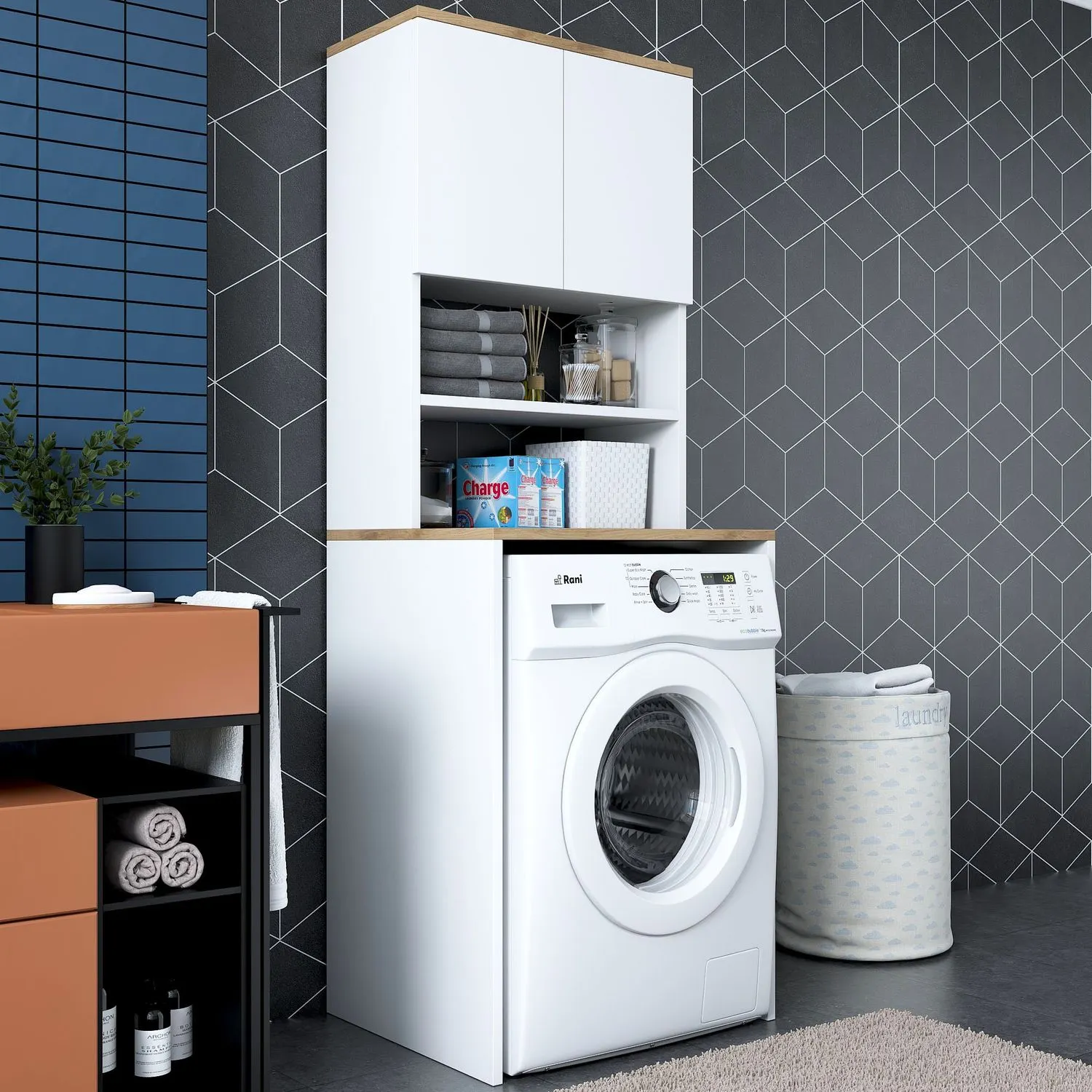 Zabudowa na pralkę z regałem KD101 szer.65 wys. 183,6 biały orzech - ASI_543WRN1201