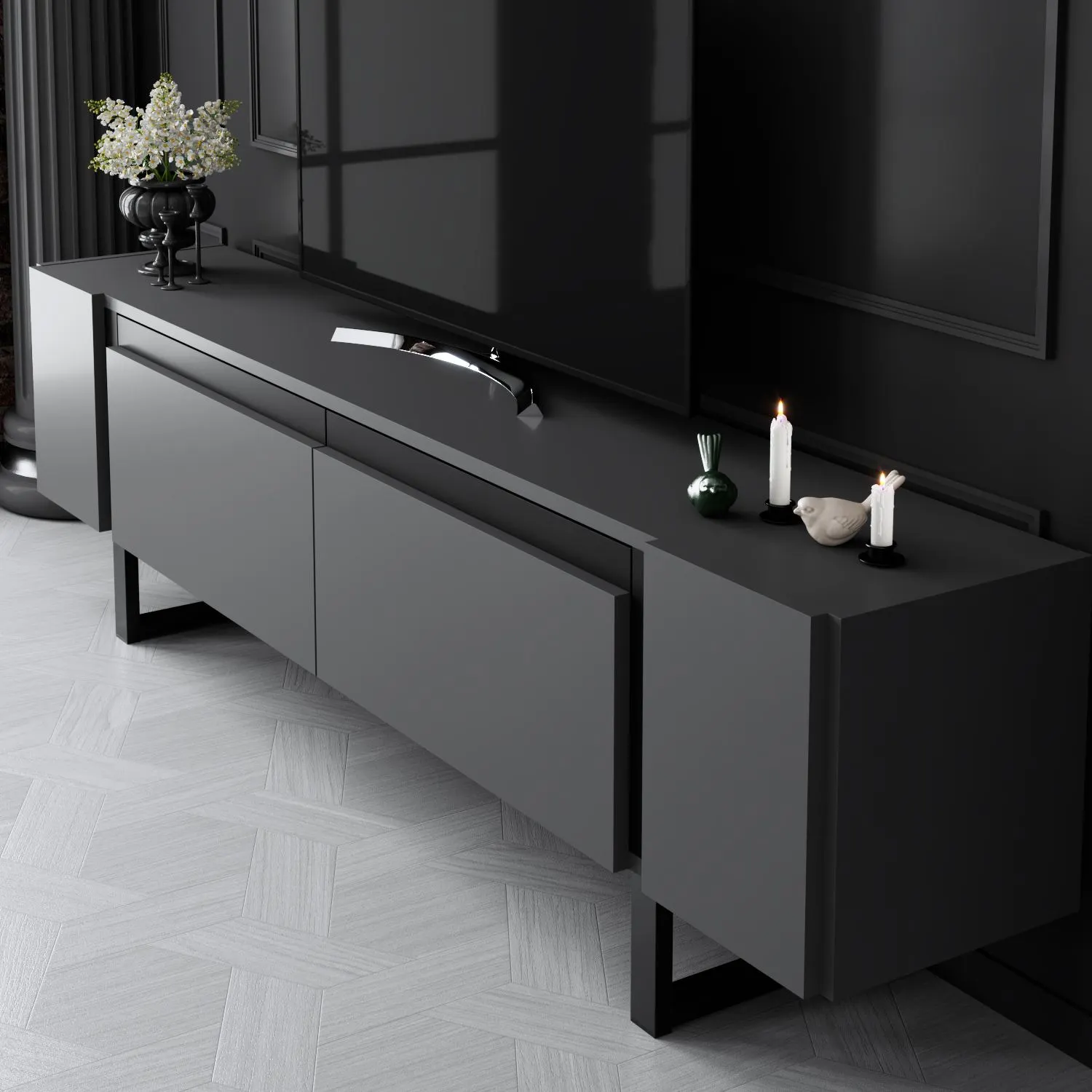 Szafka RTV z 2 klapami YILDIZ 180x30x50 cm antracyt czarny - ASI_618BLY1275