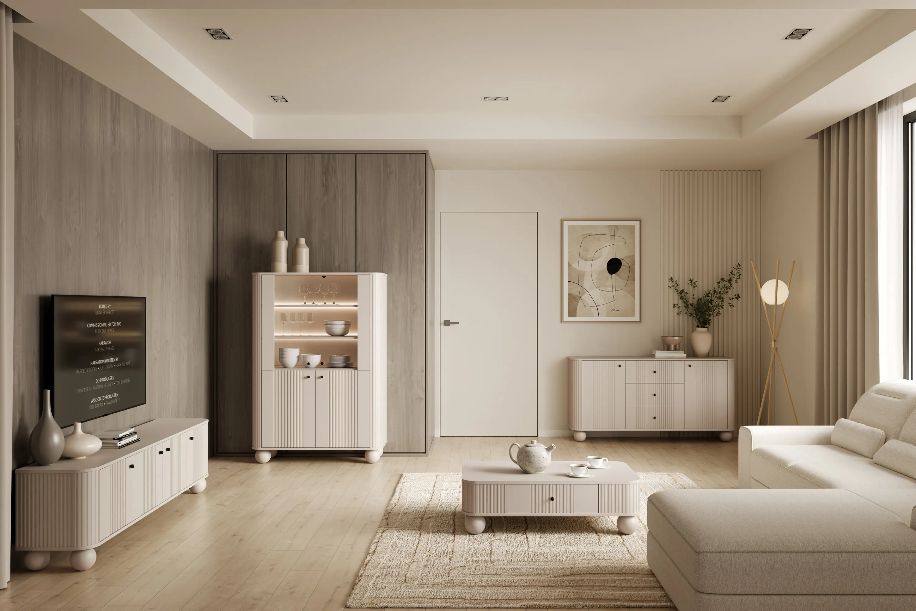 Witryna 4-drzwiowa z oświetleniem VESPER 103 ryflowany front cashmere czarne uchwyty nogi kule - B_167222