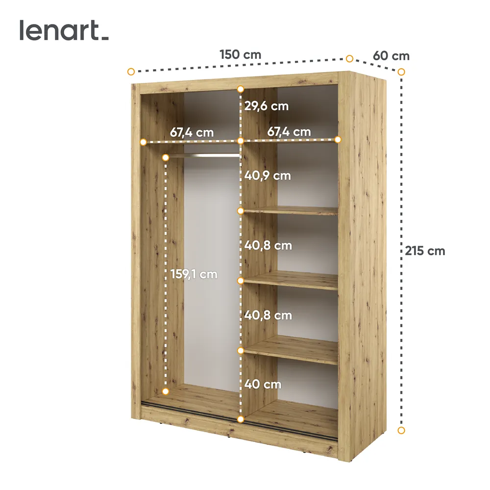 Szafa dwudrzwiowa z lustrem ARTI AR-18 150cm - dąb artisan - AR18DA