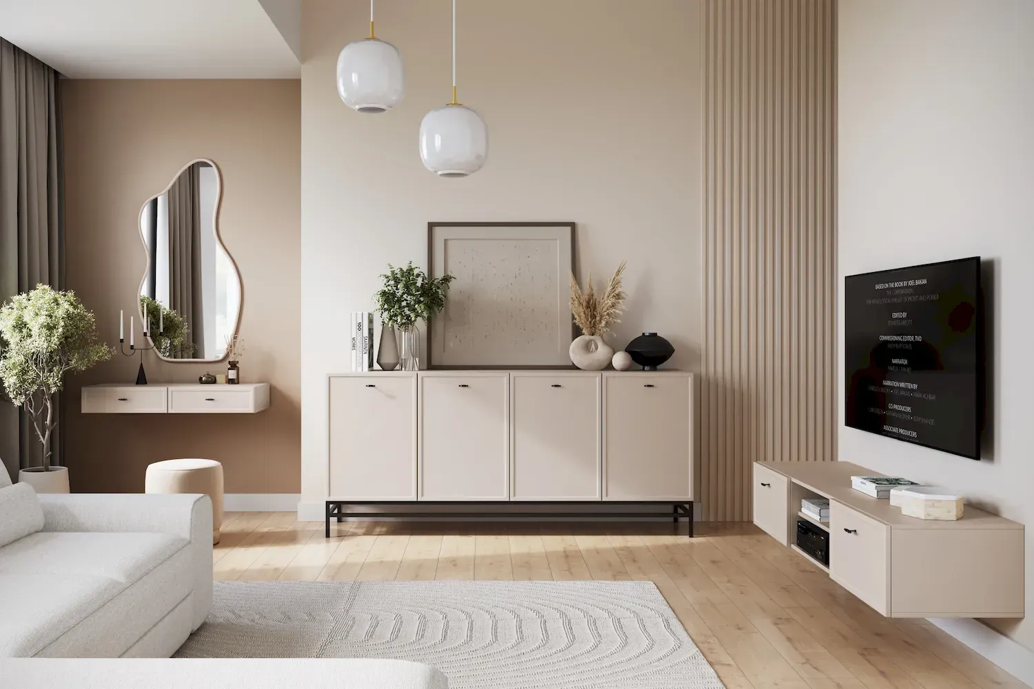 Szafka RTV wisząca z 2 szufladami LORINI 150 - cashmere uchwyt T-bar czarny — zdjęcie 6