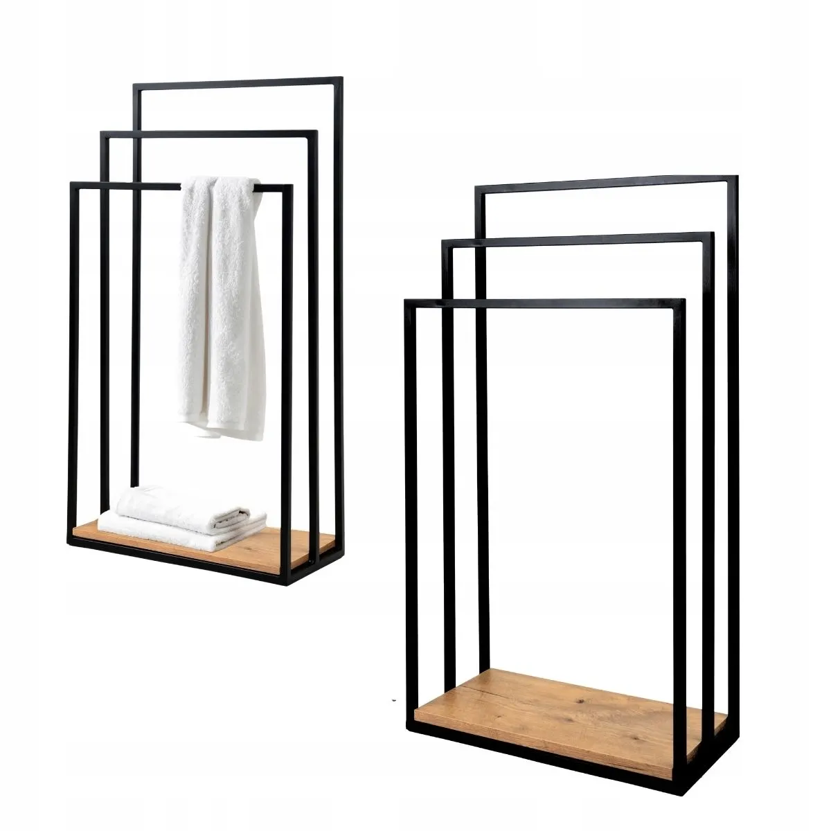 Wieszak na ręczniki metalowy CLECY 50x23x92 czarny efekt drewna