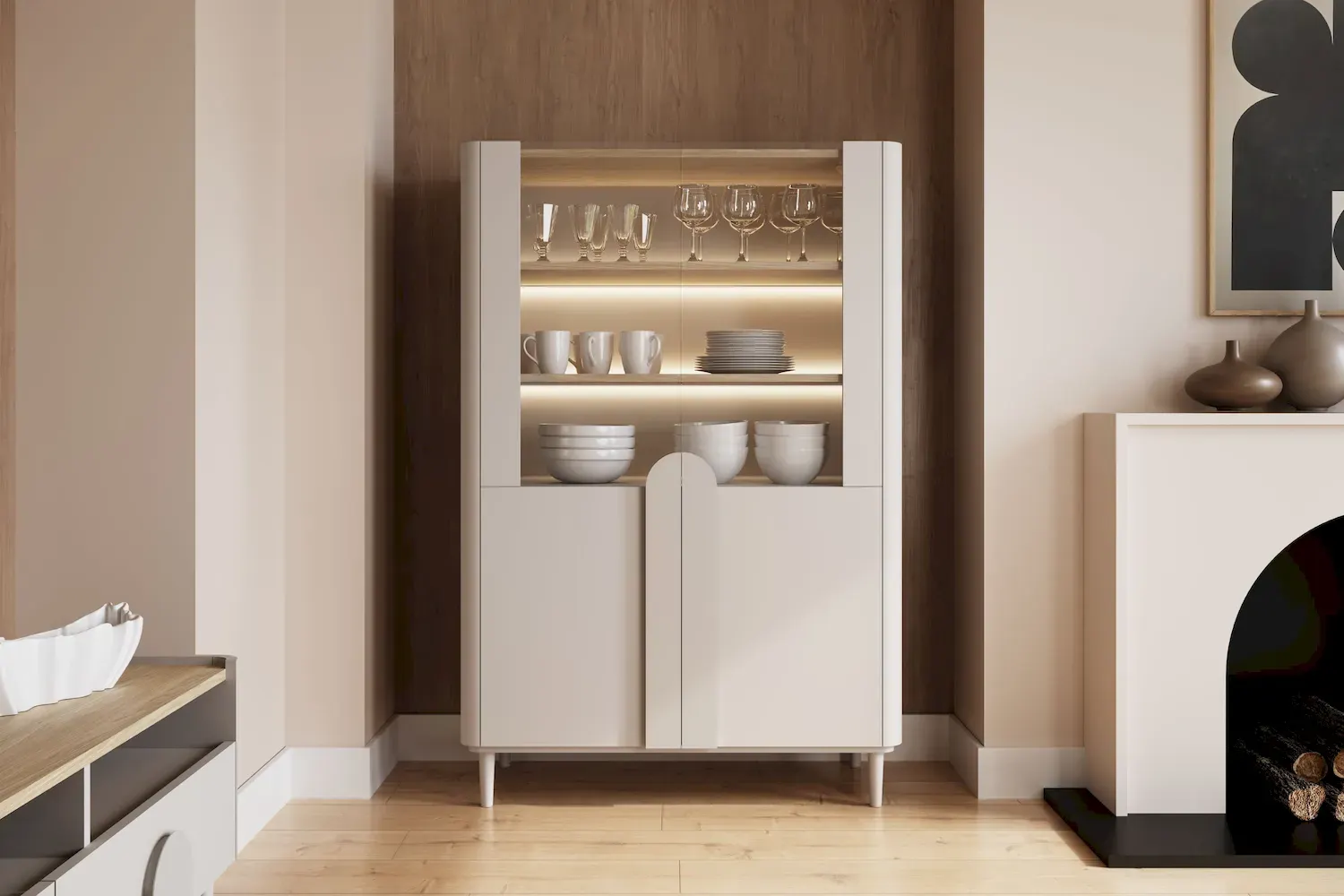 Witryna 2-drzwiowa AMILIO 100 oświetlenie LED - cashmere dąb olejowany uchwyty cashmere nogi cashmere - B_169211