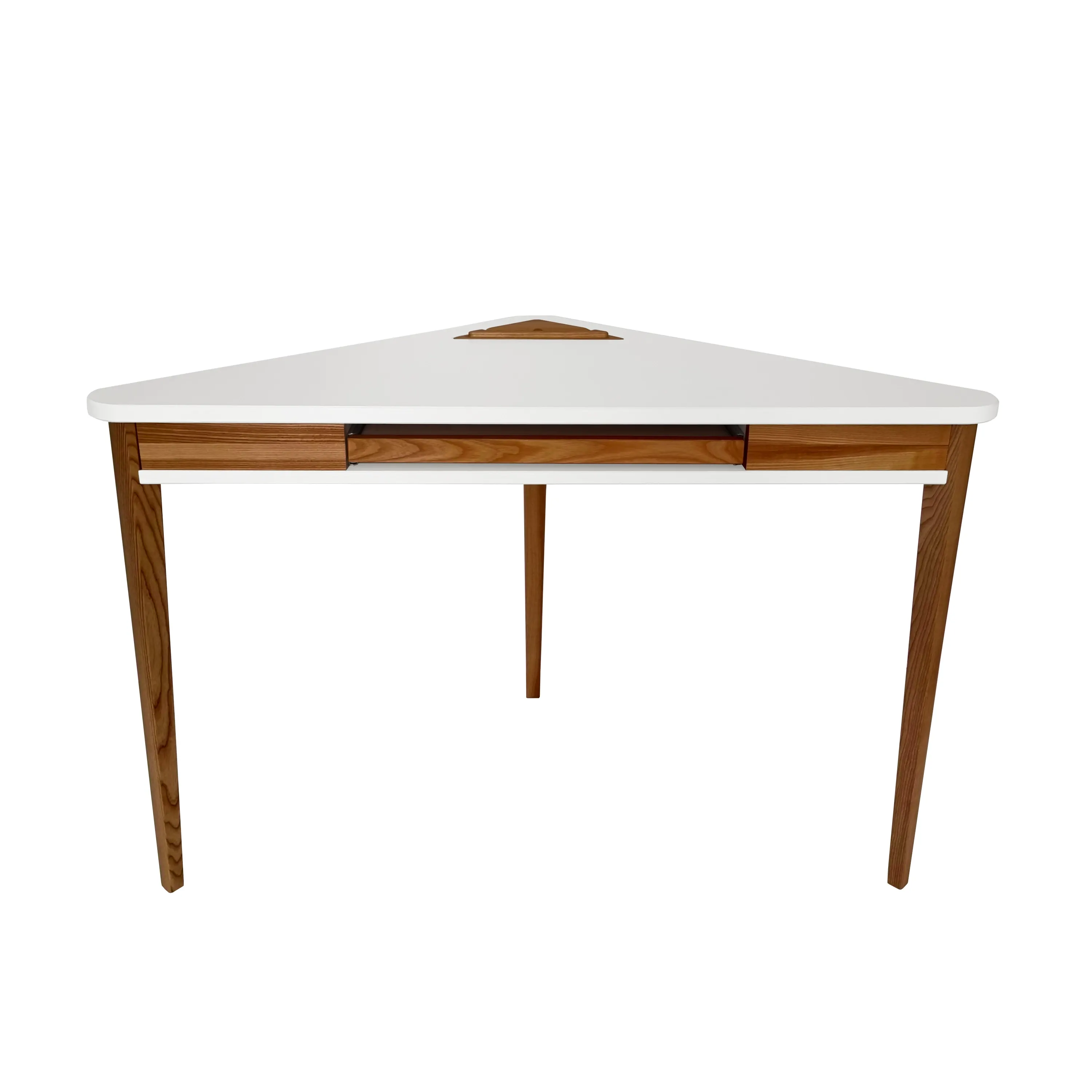 Biurko narożne ASHME z półką na klawiaturę 114x85 biały blat/ciemne drewniane nogi