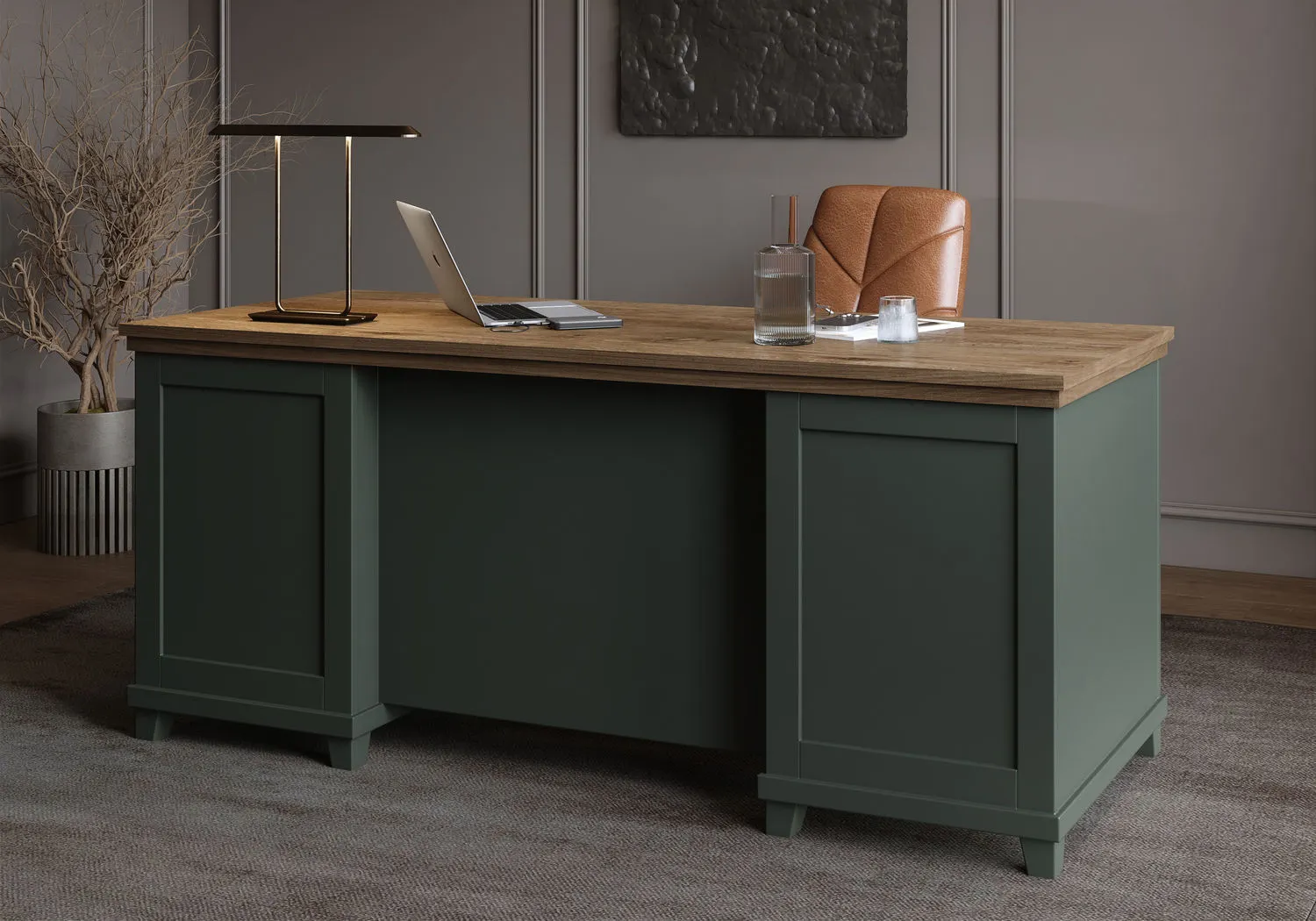 Biurko z szafką i szufladami EVORA 180x70 ciemnozielone/dąb Lefkas - 24ZRJU07