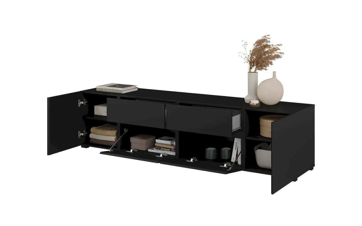 Szafka RTV 4-drzwiowa z 2 szufladami ASYMETRIC czarny onyks - 24W3OA39