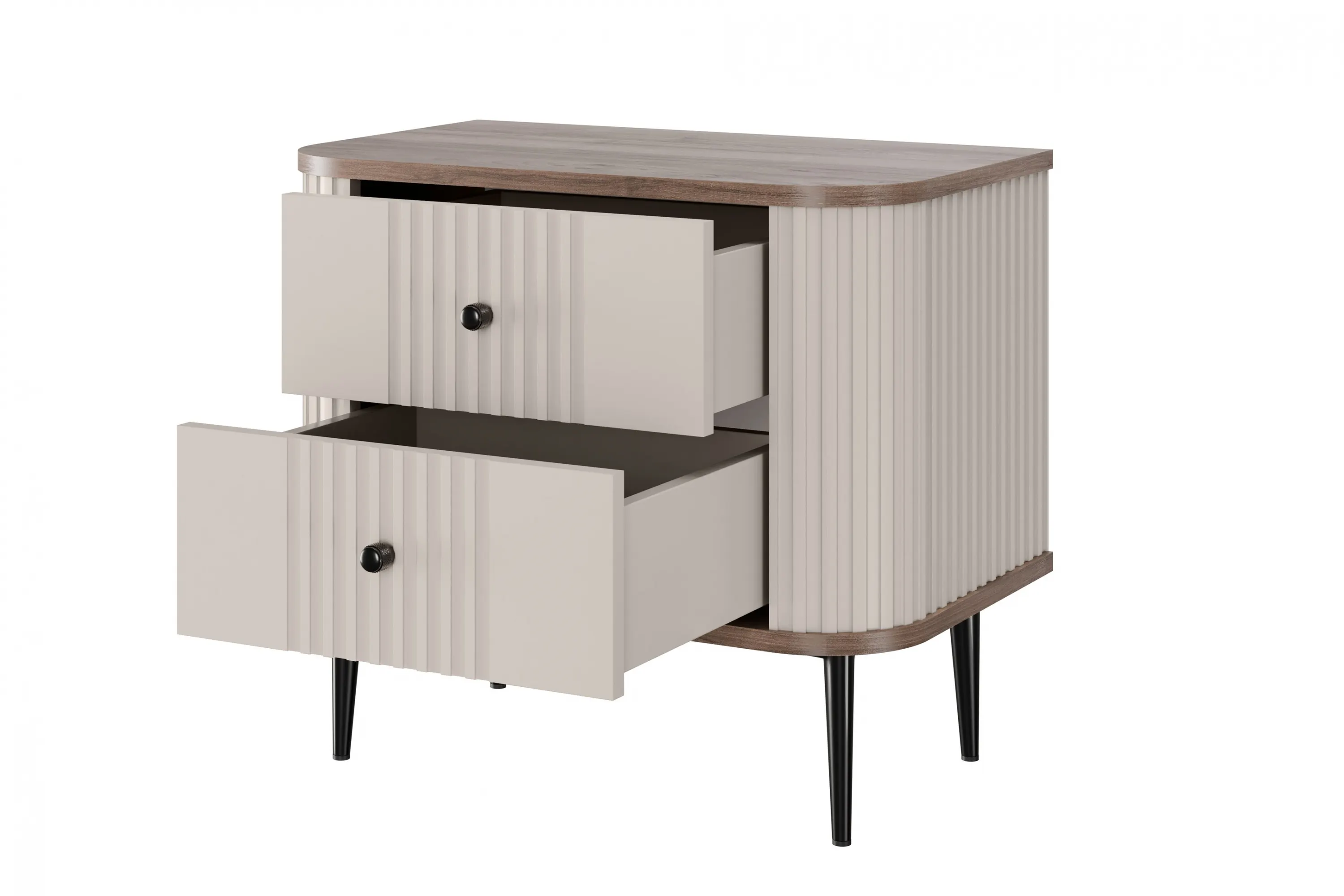 Szafka nocna z 2 szufladami VESPER 56 zestaw 2 sztuk ryflowany front cashmere orzech czarne nogi - B_163837