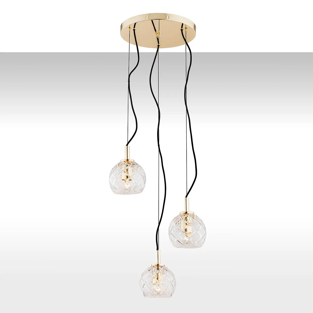 Lampa wisząca OVIEDO mosiądz transparentne kryształowe klosze na czarnych przewodach 165x40cm