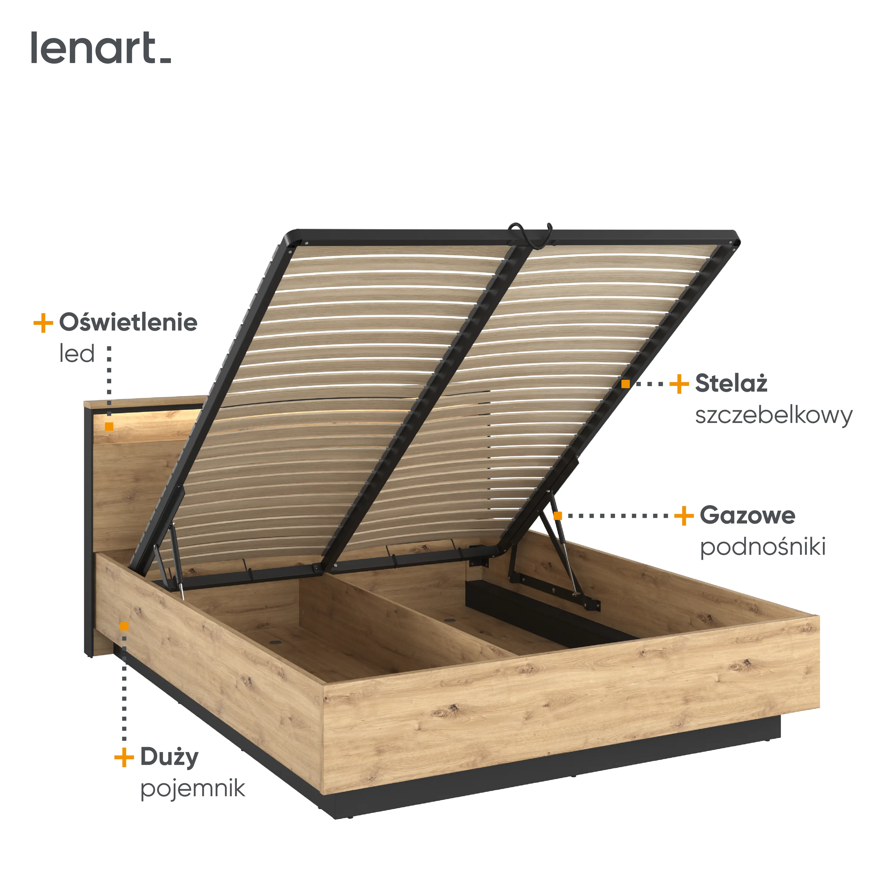Łóżko z pojemnikiem 180x200 LED Quant QS-02 (180) dąb artisan/czarny - QS2180DAC