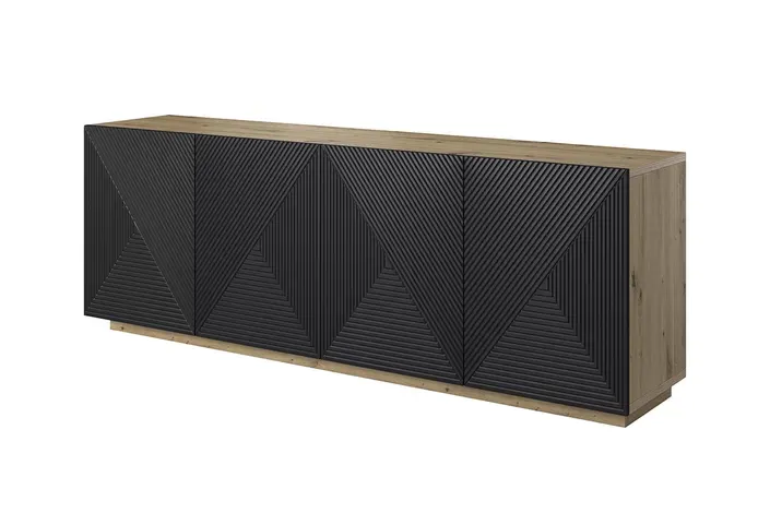 Komoda ASHA 200 4D - czarny mat - dąb artisan - ryflowany front - cokół
