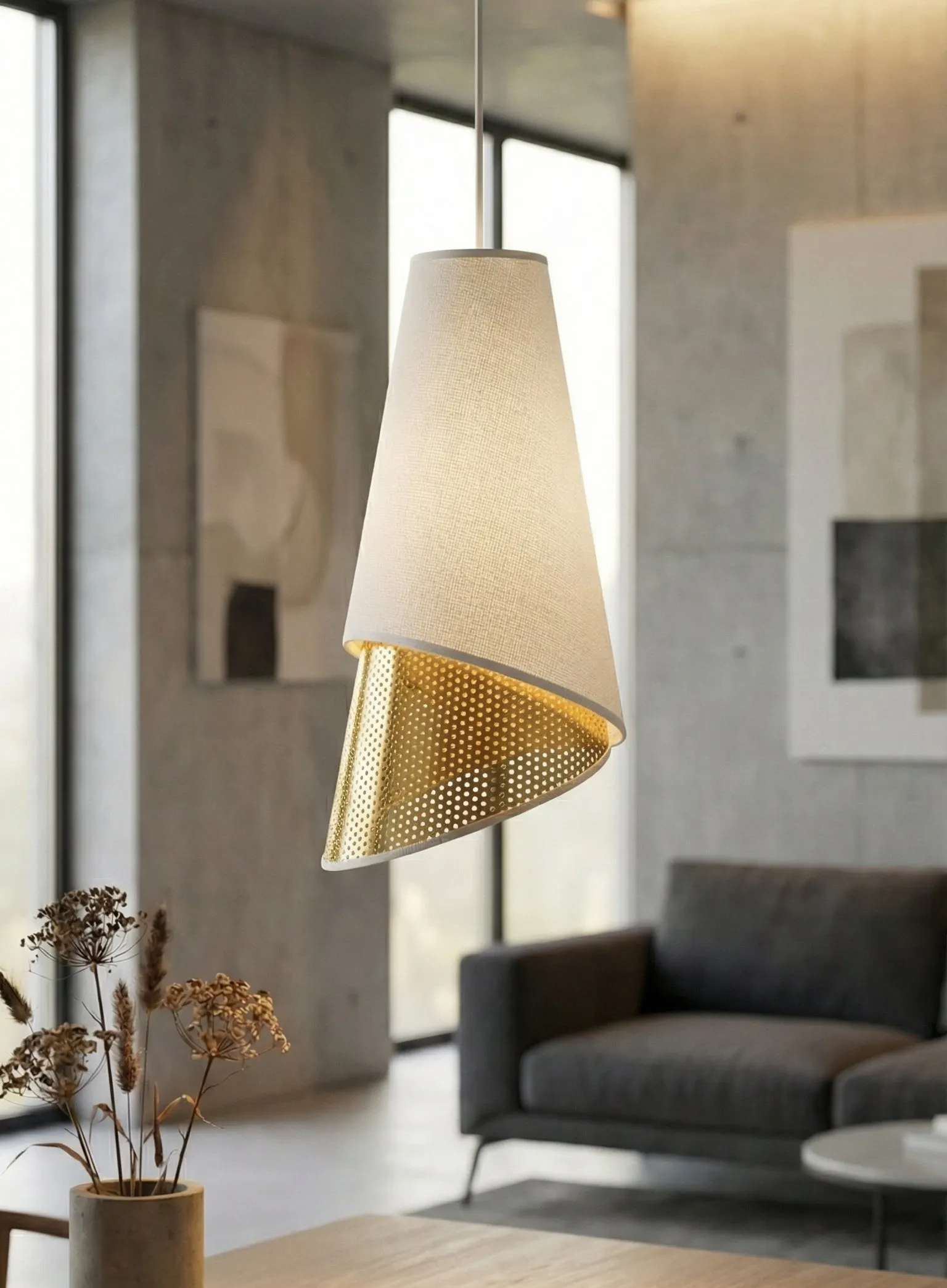 lampa wisząca, kinkiet, metaliczna, perforowana, tkanina