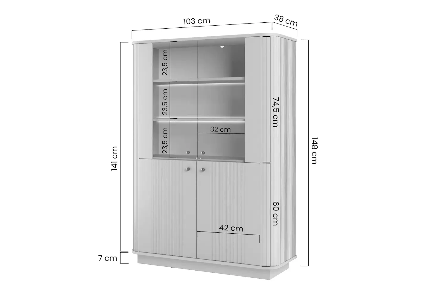 Witryna 4-drzwiowa VESPER z oświetleniem ryflowany front - cashmere orzech złote uchwyty cokół - B_169475