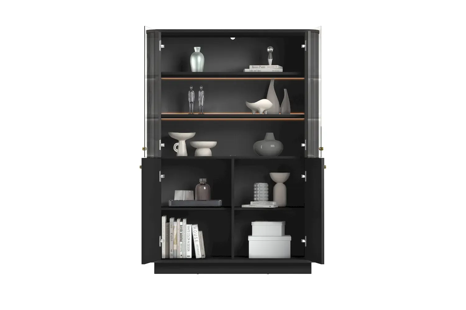 Witryna 4-drzwiowa VESPER z oświetleniem ryflowany front - czarny złote uchwyty cokół - B_169478