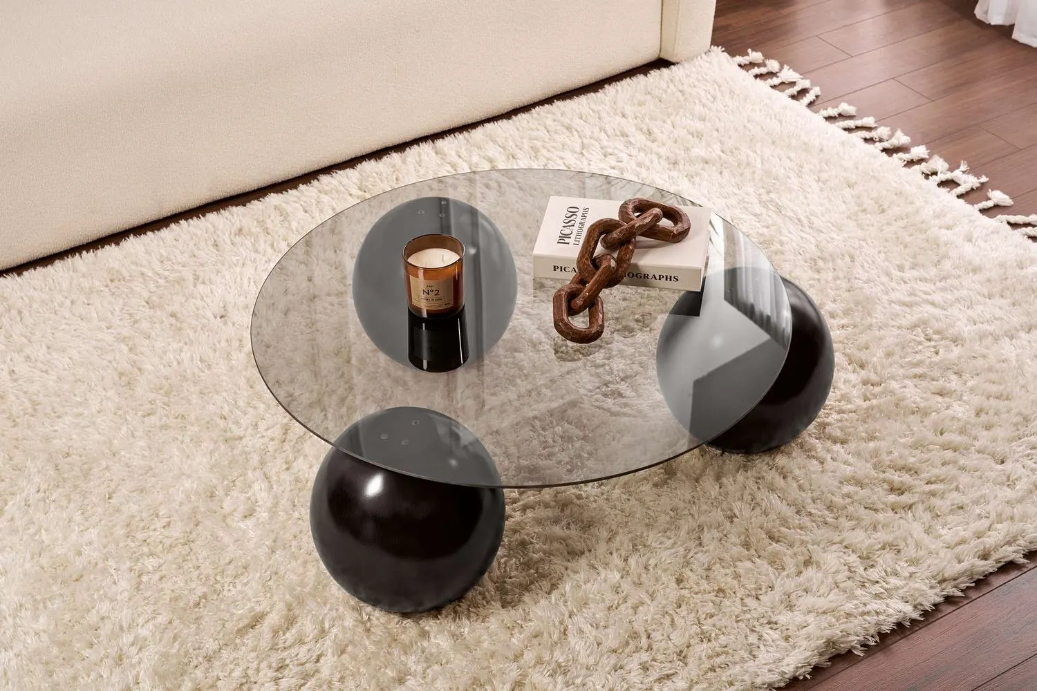 Stolik kawowy szklany okrągły MIRO 85 cm kuliste czarne nogi blat szary - ASI_857NRD1120